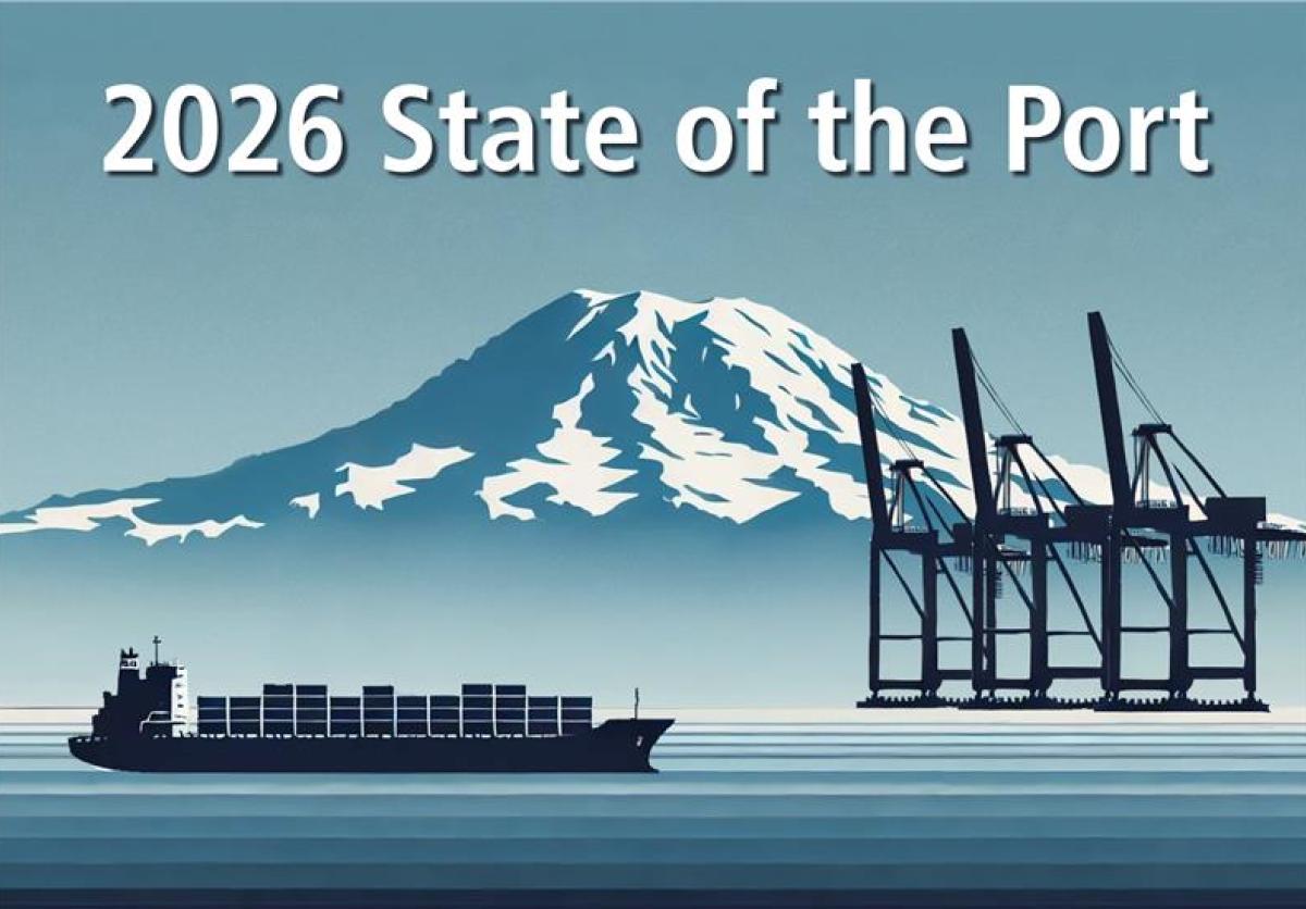Graphic of a mountain, ship and cranes with the words "2026 State of the Port" at the top