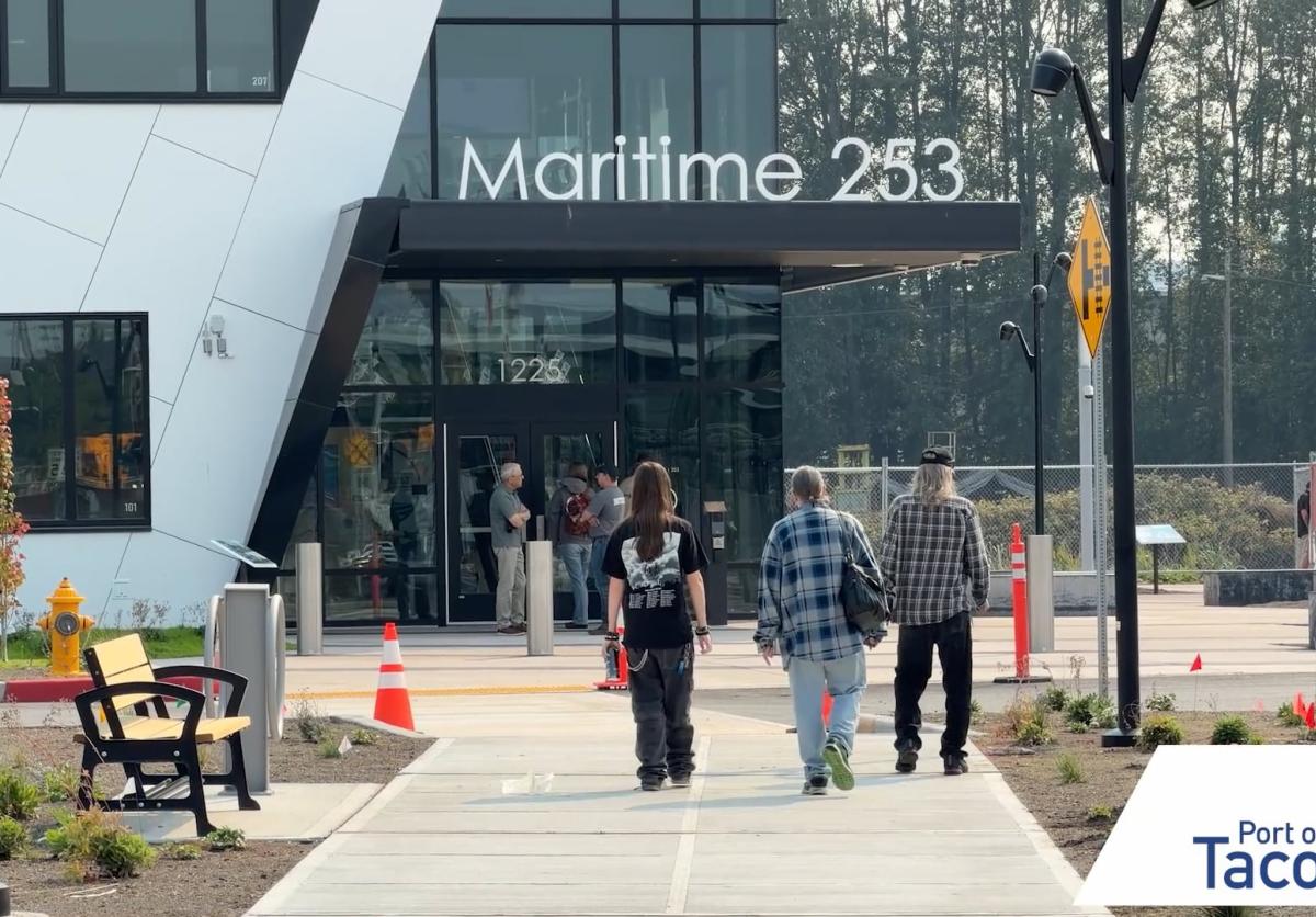 Students and caregivers walk into the new Maritime|253 Skills Center for the Open House