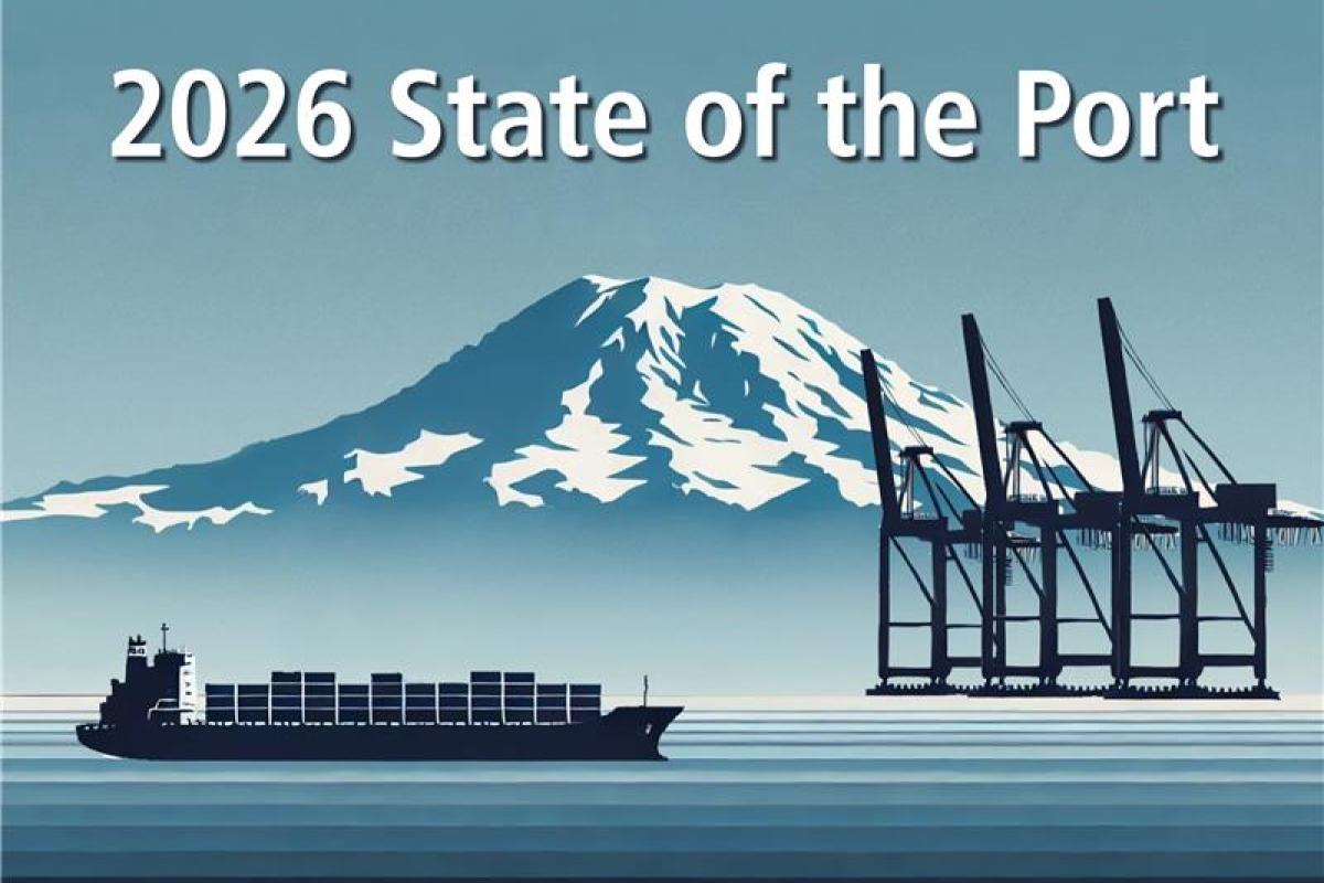 Graphic of a mountain, ship and cranes with the words "2026 State of the Port" at the top