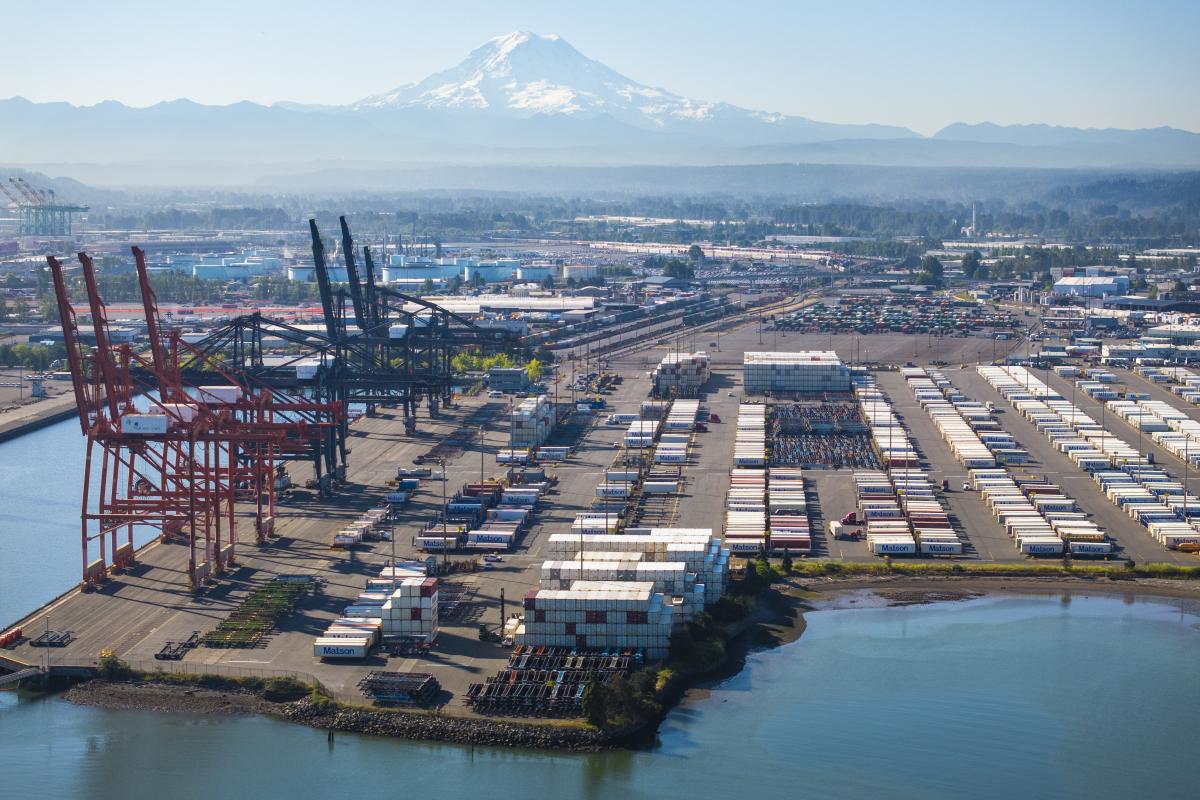 Drone shot of the West Sitcum Terminal on a sunny day with Mt. Rainier in the background
