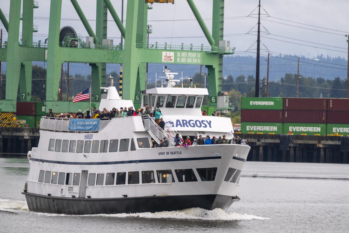 The Argosy Spirit of Seattle moves through a waterway on a Port boat tour.