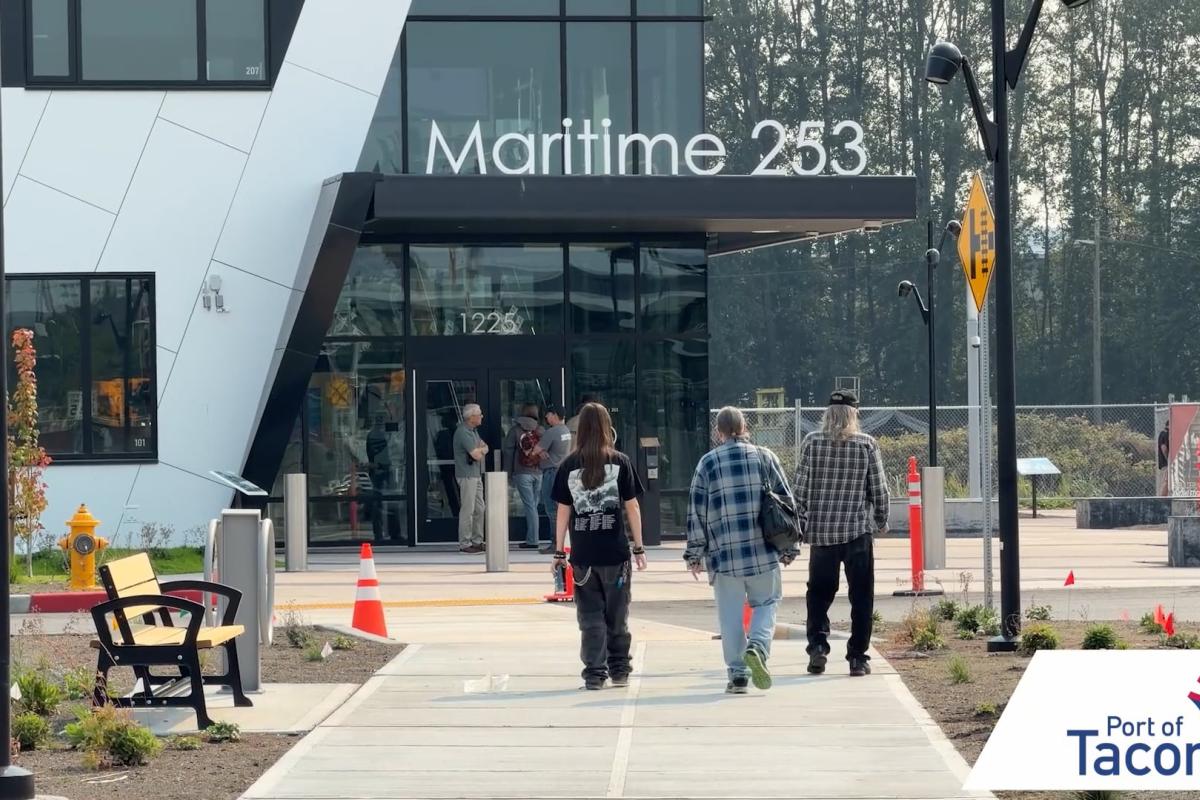 Students and caregivers walk into the new Maritime|253 Skills Center for the Open House
