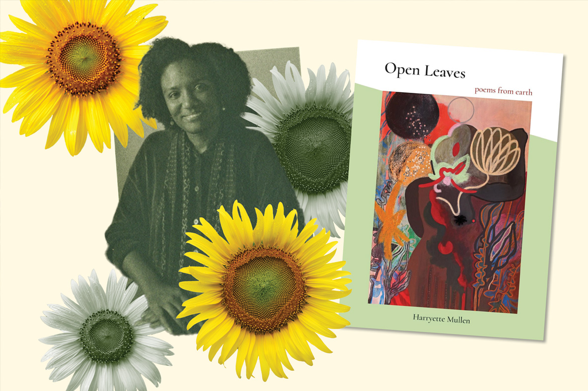 Professor Harryette Mullen and the cover of her new book or poems, "Open Leaves".