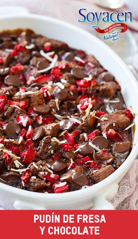 Receta de Pudín de Fresa y Chocolate con Soyacen Sabor Capucchino y Sabor Natural