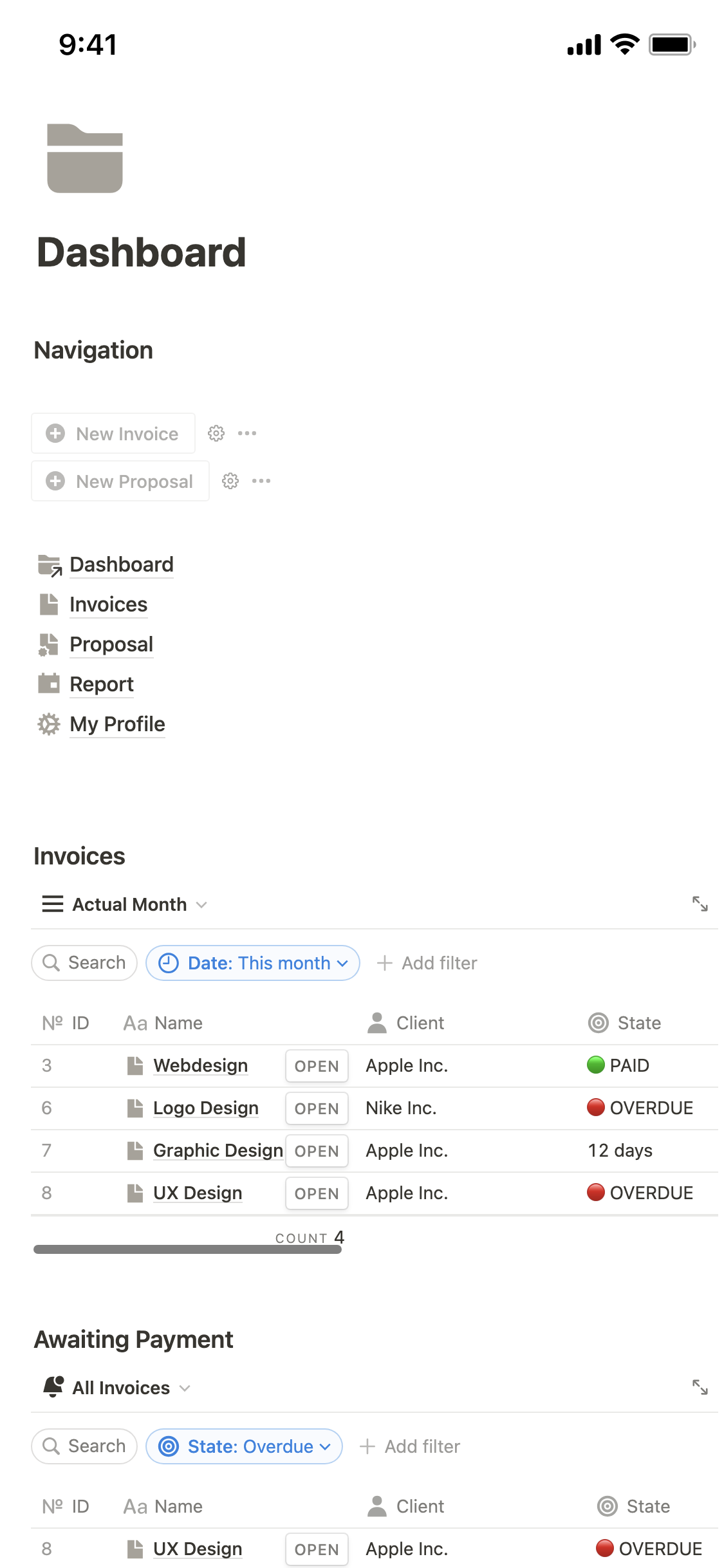 Invoice and Proposal Manager Template | Notion Marketplace, image size:1125x2436