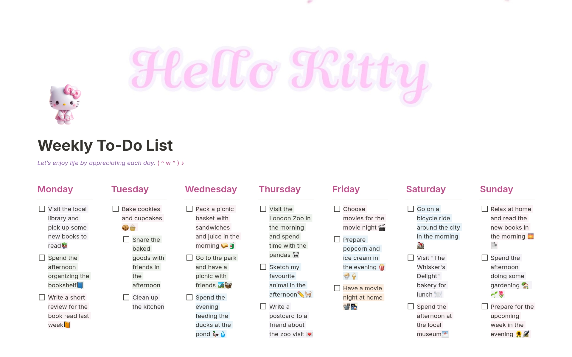 Hello Kitty Weekly To-Do List Template | Notion Marketplace