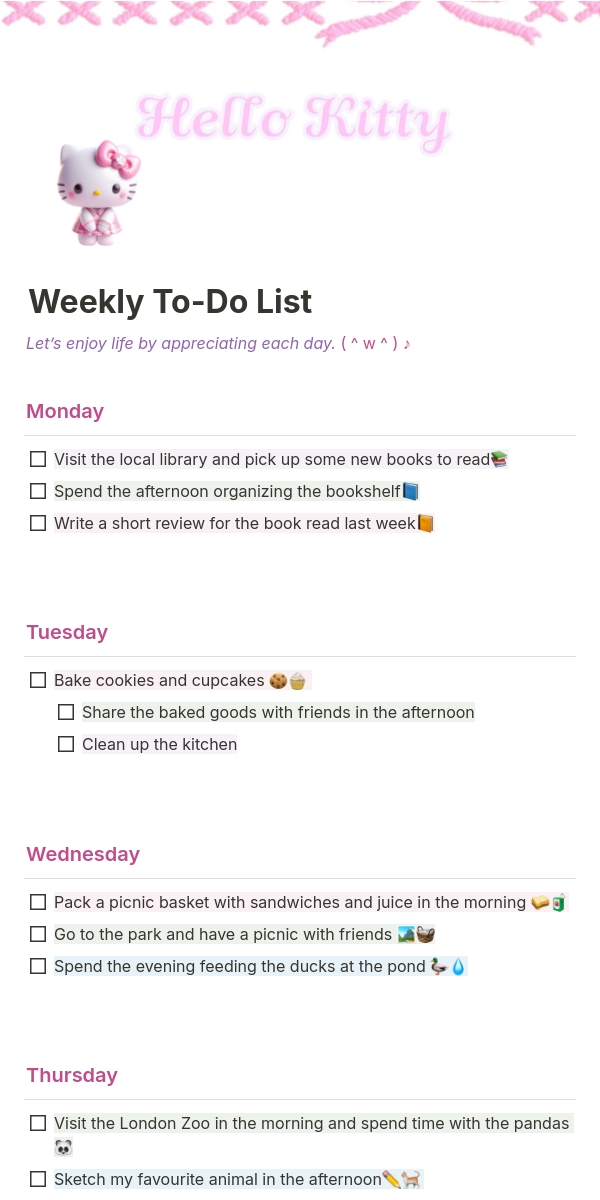 To Do List Printable Hello Kitty Hello Kitty Digital Planner