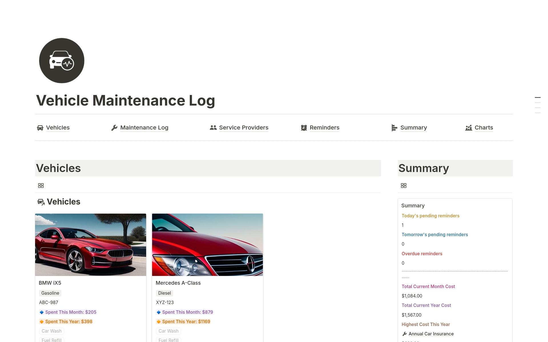 Vehicle Maintenance Log のプレビュー