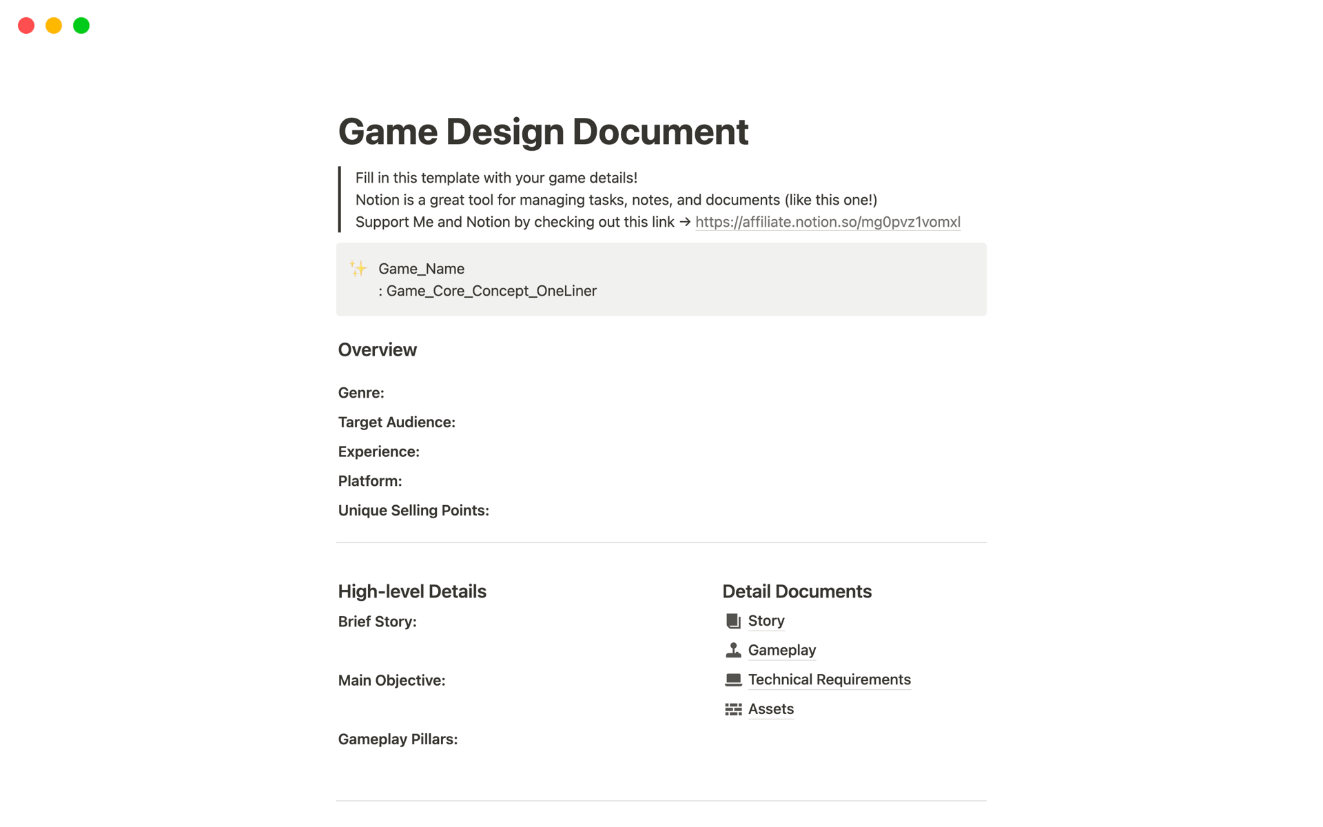 Game Design Document Template by pichy_kh | Notion Marketplace