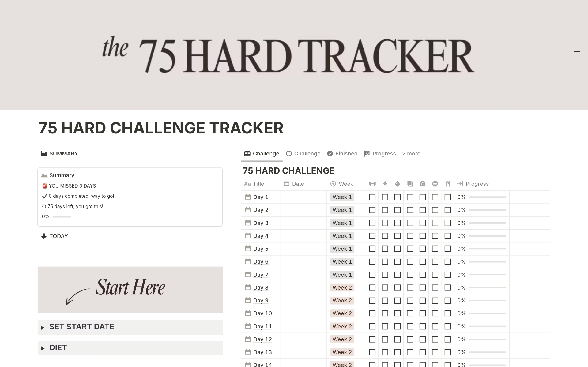 75 Day Hard Tracker Dashboard Template Notion Marketplace
