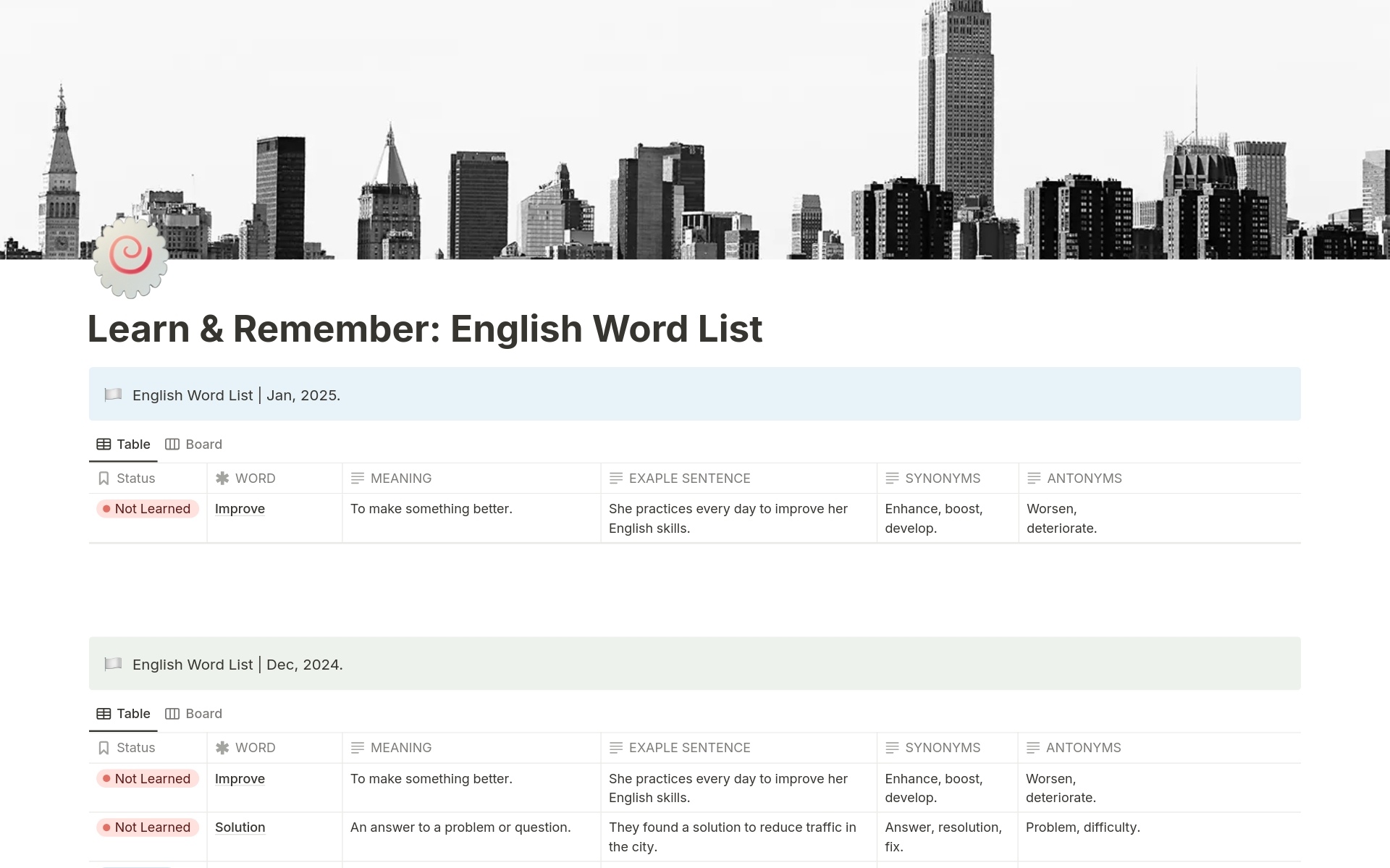 Learn & Remember: English Word List Template | Notion Marketplace