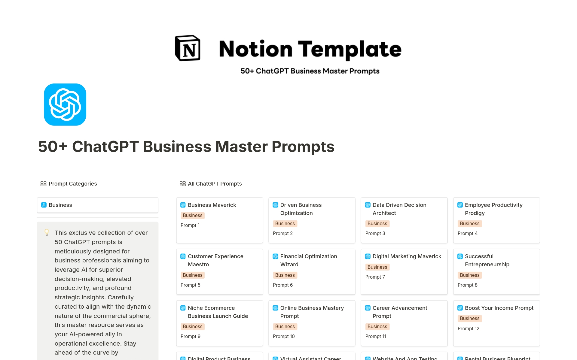 Master Prompt 50+ ChatGPT Business Master Prompts Template by Minimal Studio | Notion ...