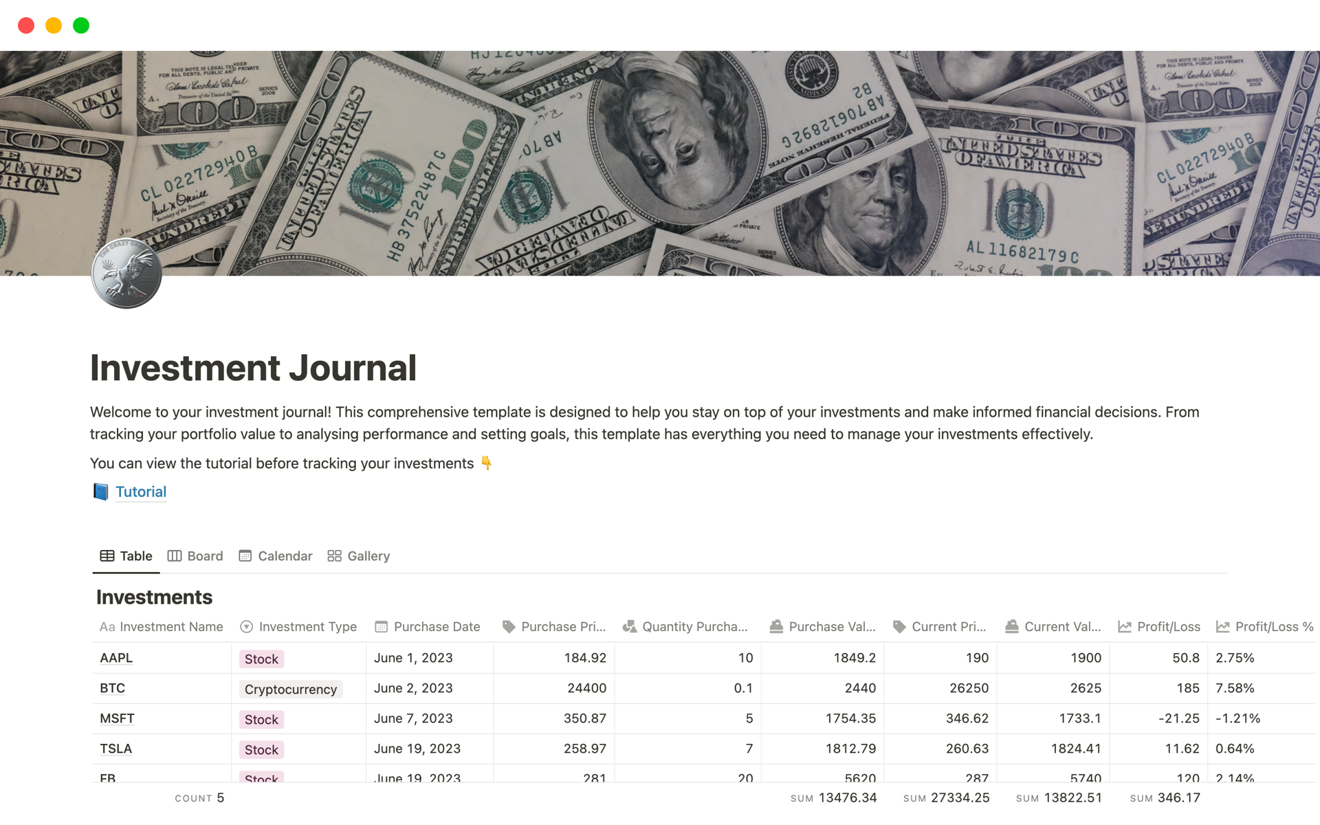 Investment Journal Notion Template Template by BudgetBits | Notion  Marketplace