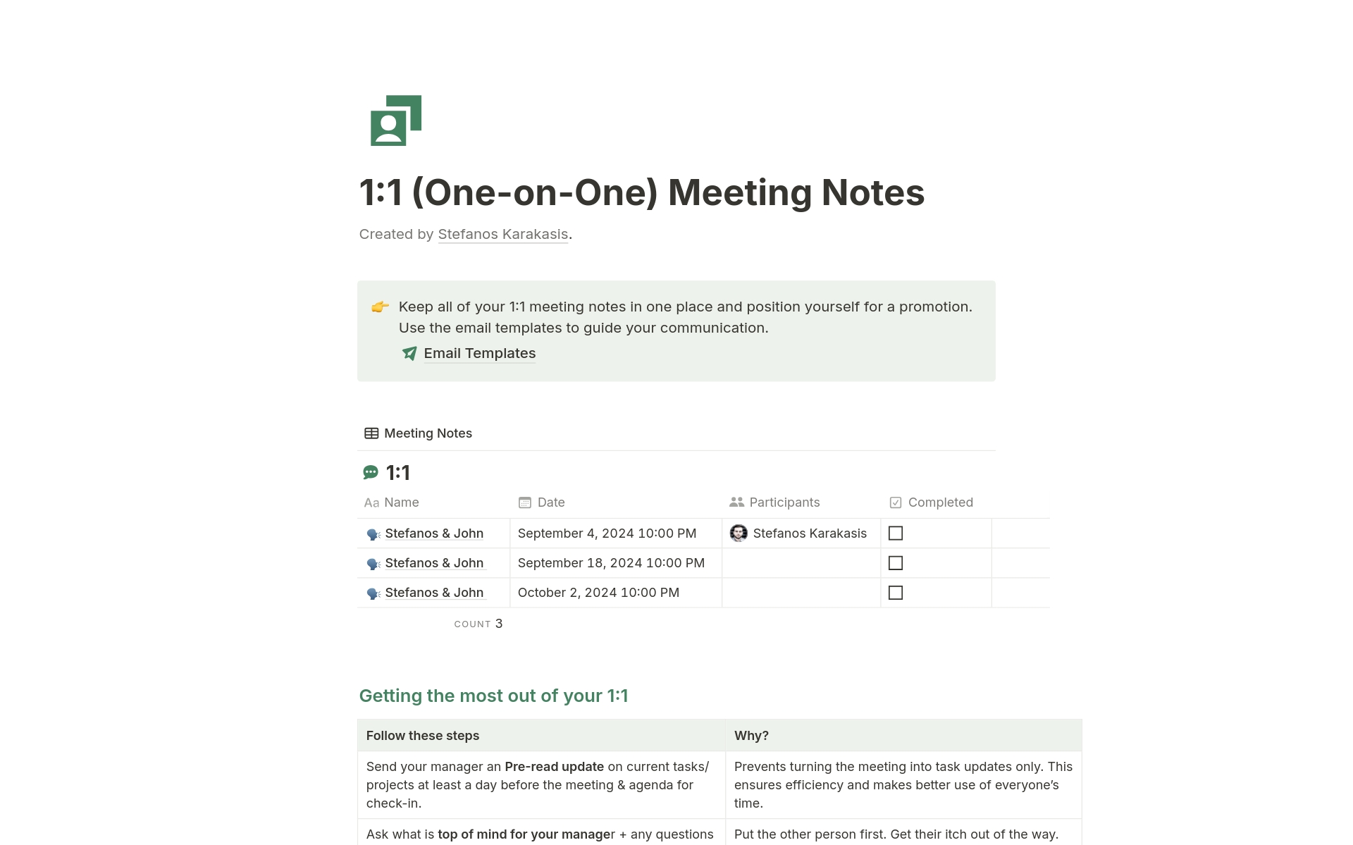 Actionable 1:1 (One-on-One) Meeting Notes Template | Notion Marketplace