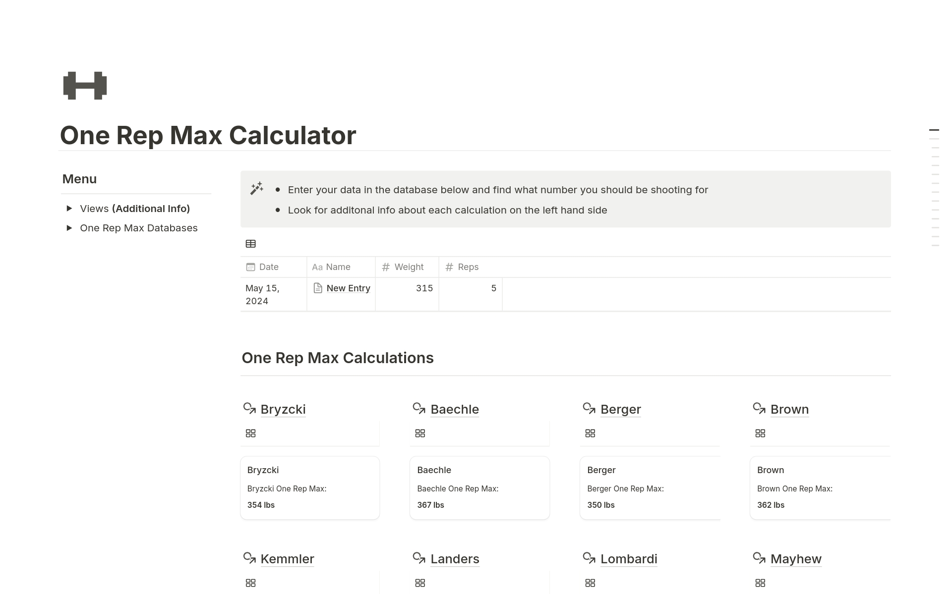 One Rep Max Calculator Template | Notion Marketplace