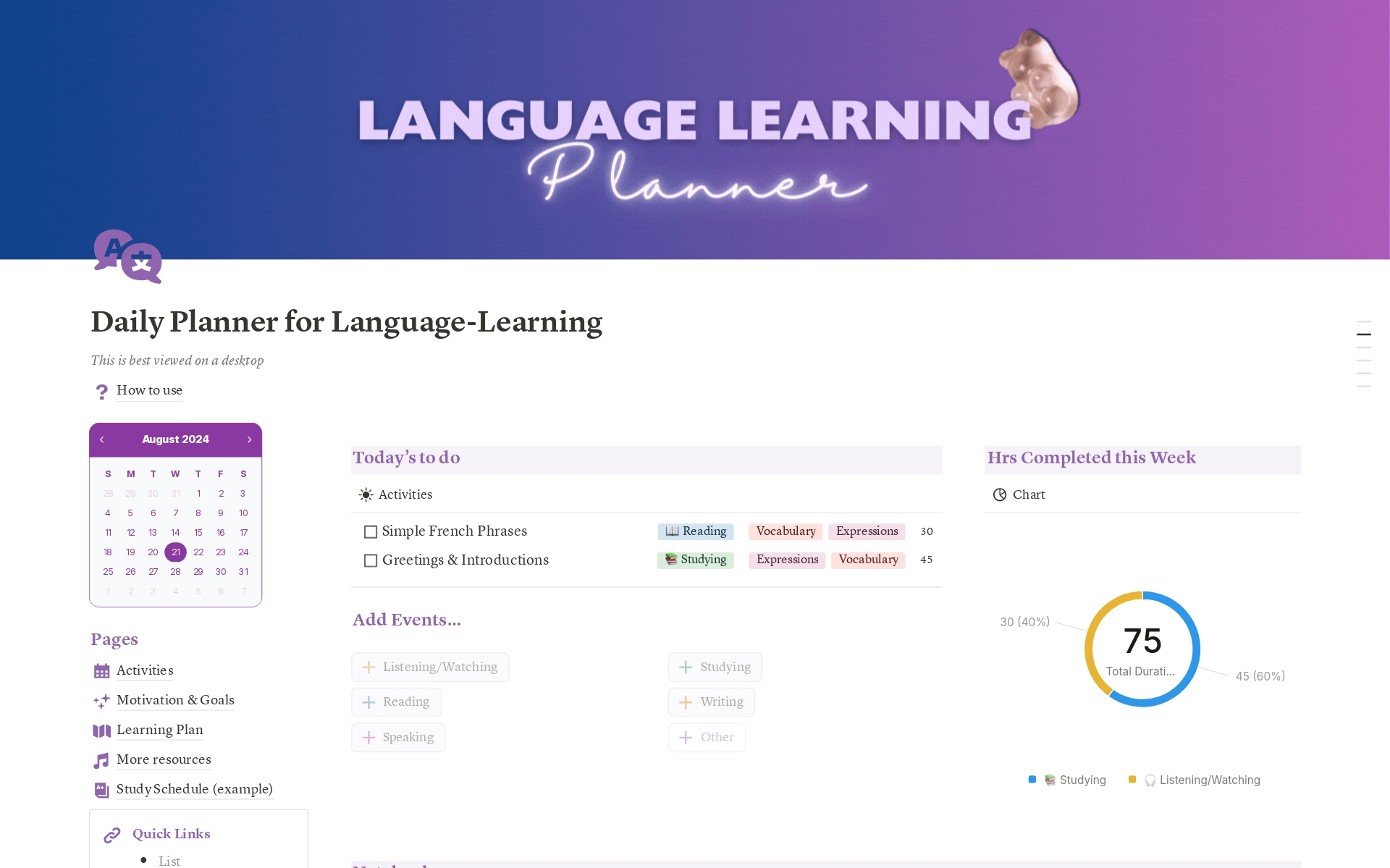 Daily Planner for Language-Learning Template | Notion Marketplace