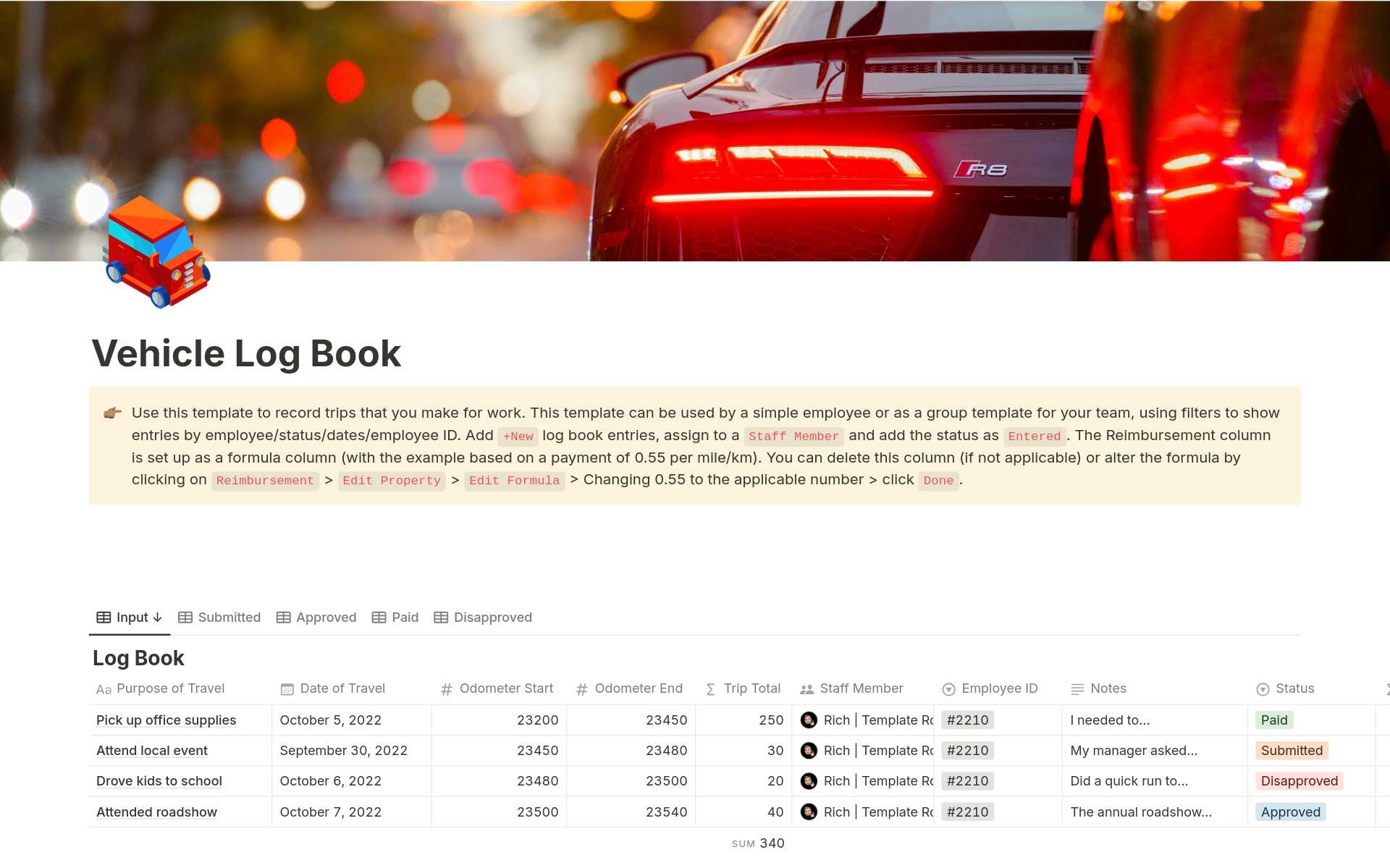 Vehicle Logbook Template by Template Road Notion Marketplace