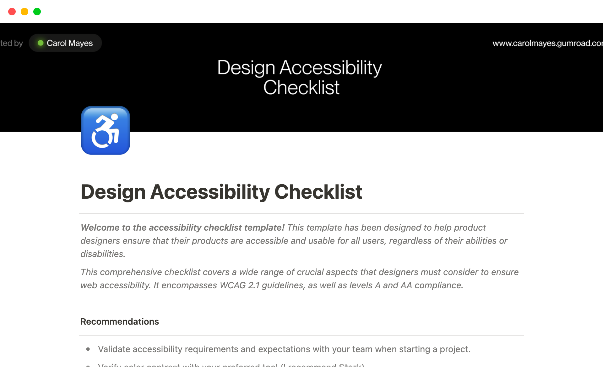 Design Accessibility Checklist Template by Carol Mayes | Notion Marketplace