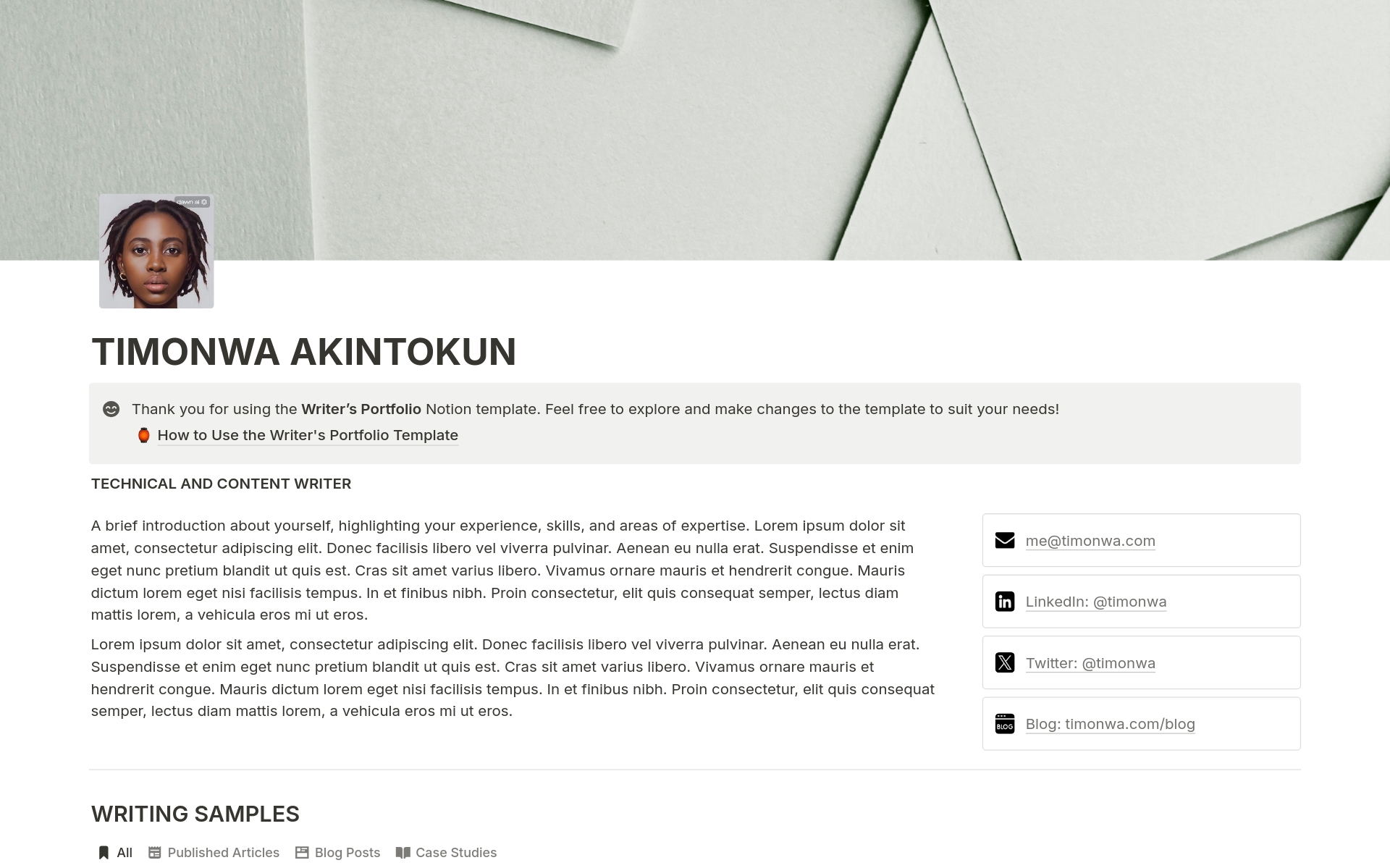 Writer’s Portfolio のプレビュー