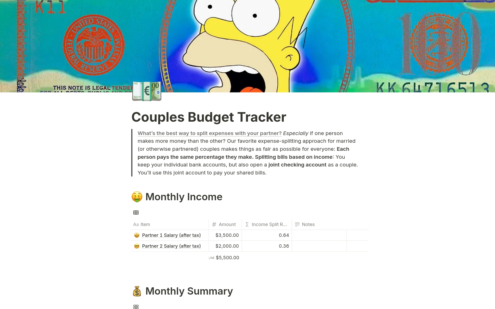 Simple Couples Budget (percentage split) のプレビュー