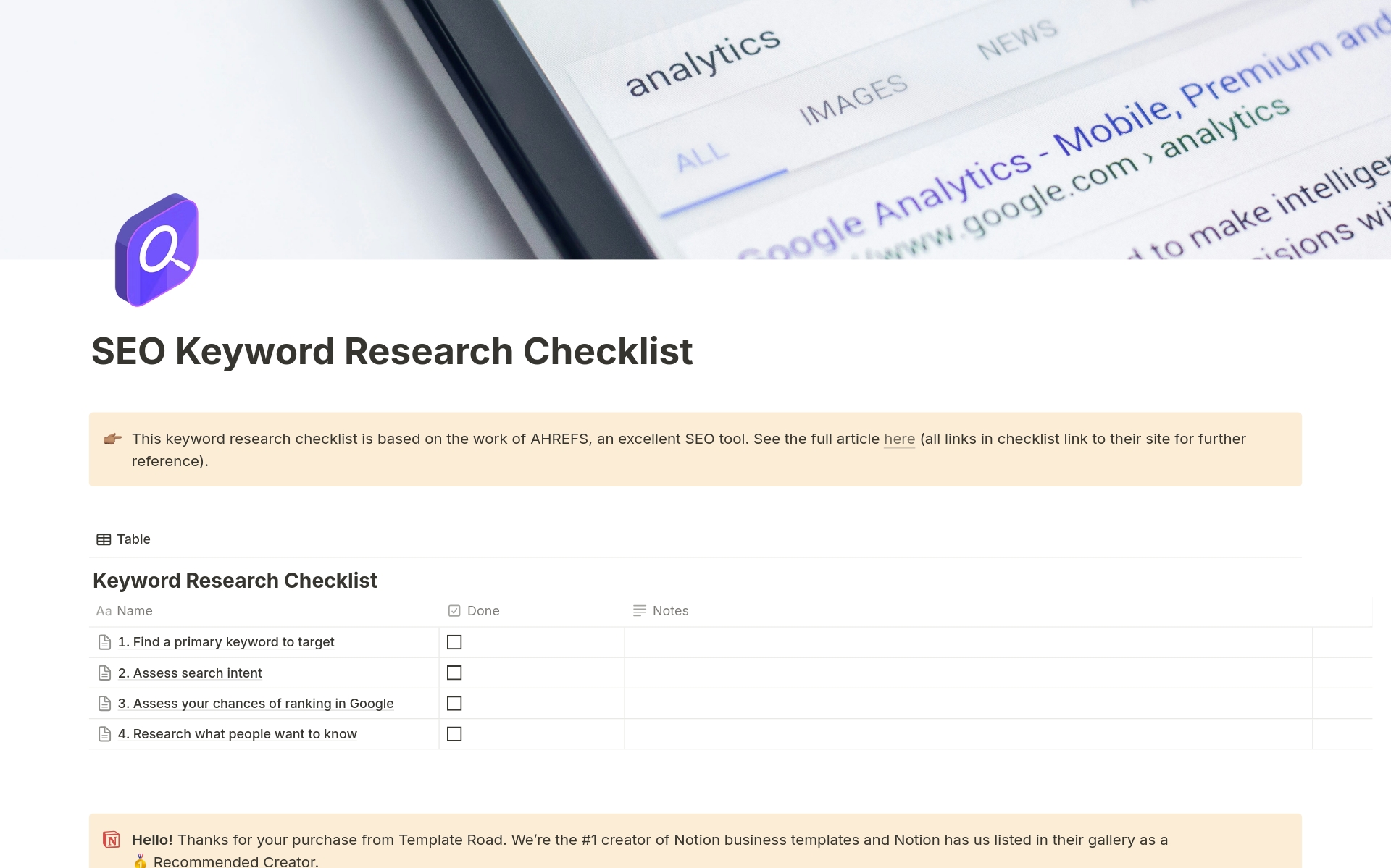 SEO Keyword Research Checklist Template | Notion Marketplace