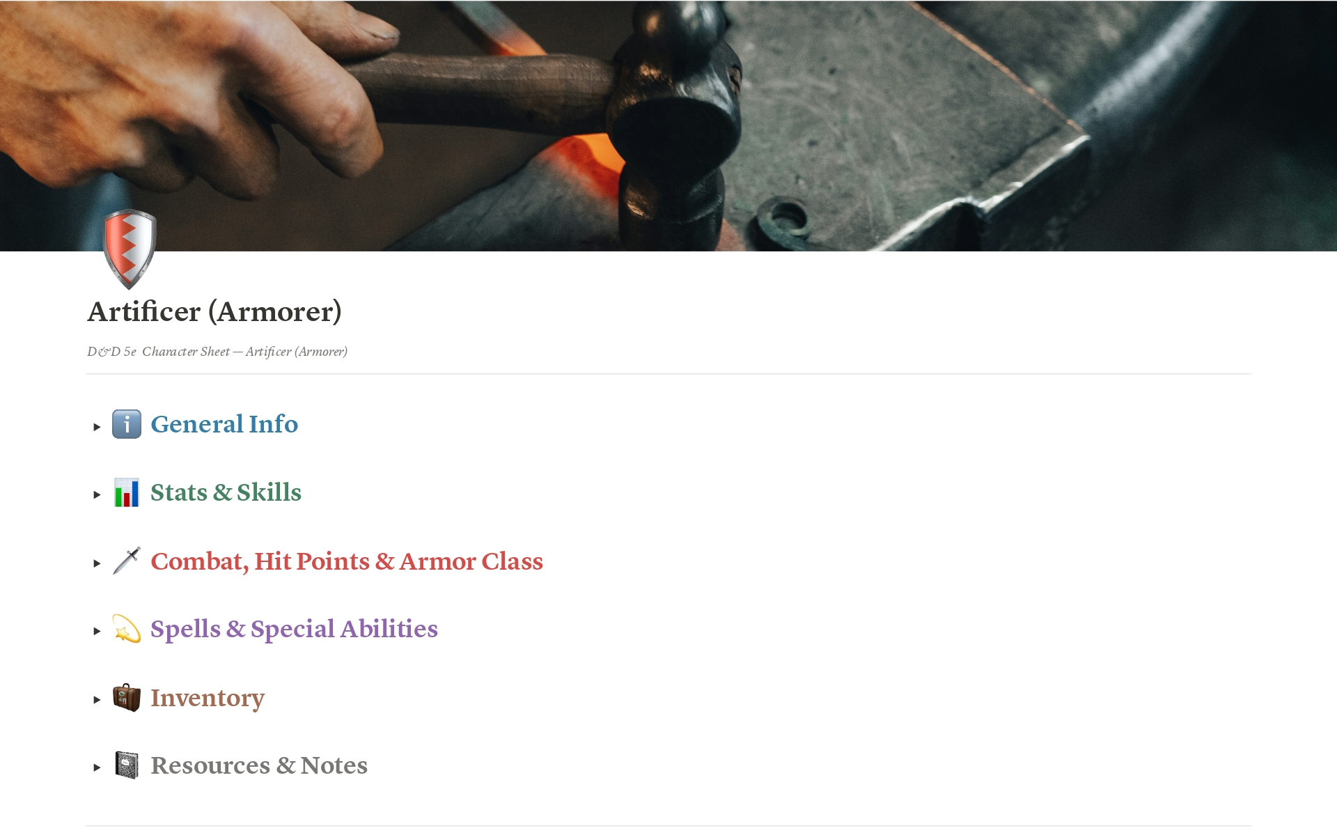 Auto D&D Character Sheet — Artificer (Armorer) Template | Notion 