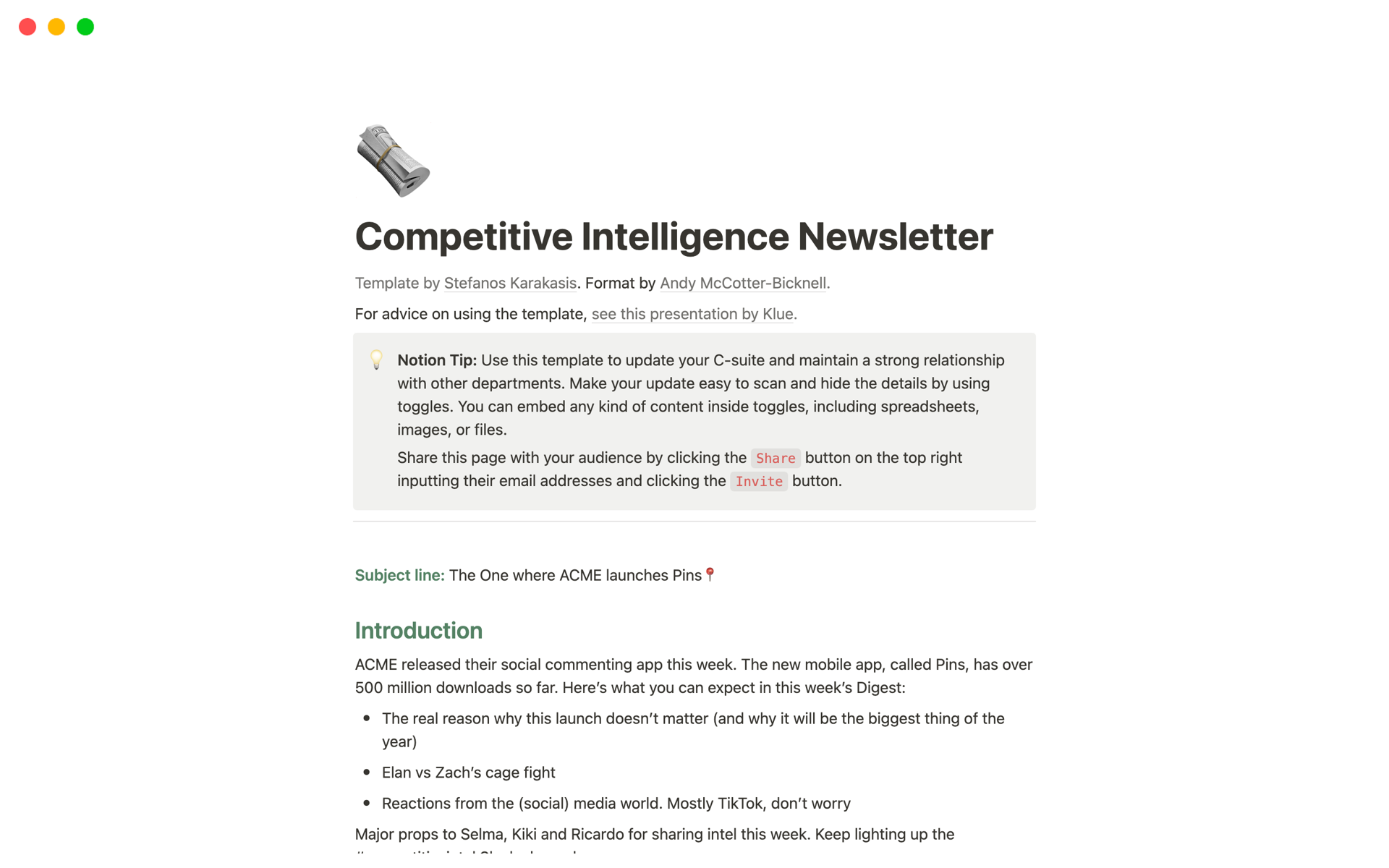 Competitive Intelligence Newsletter のプレビュー