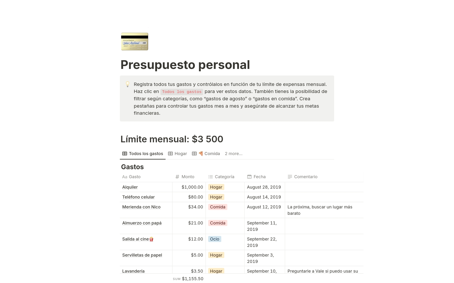 Hoja De Trabajo De Presupuesto Mensual Personal