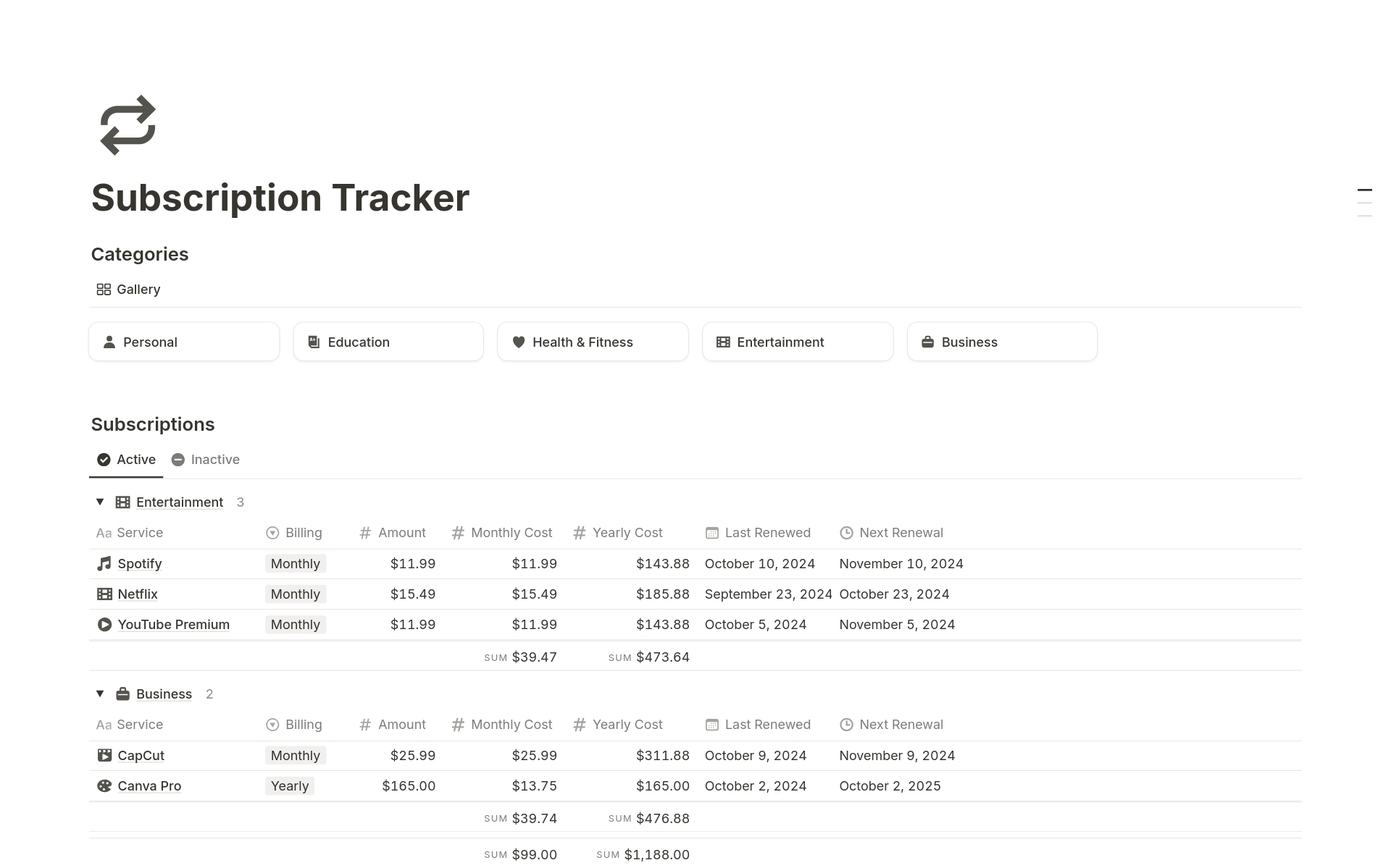 Subscription tracker のプレビュー