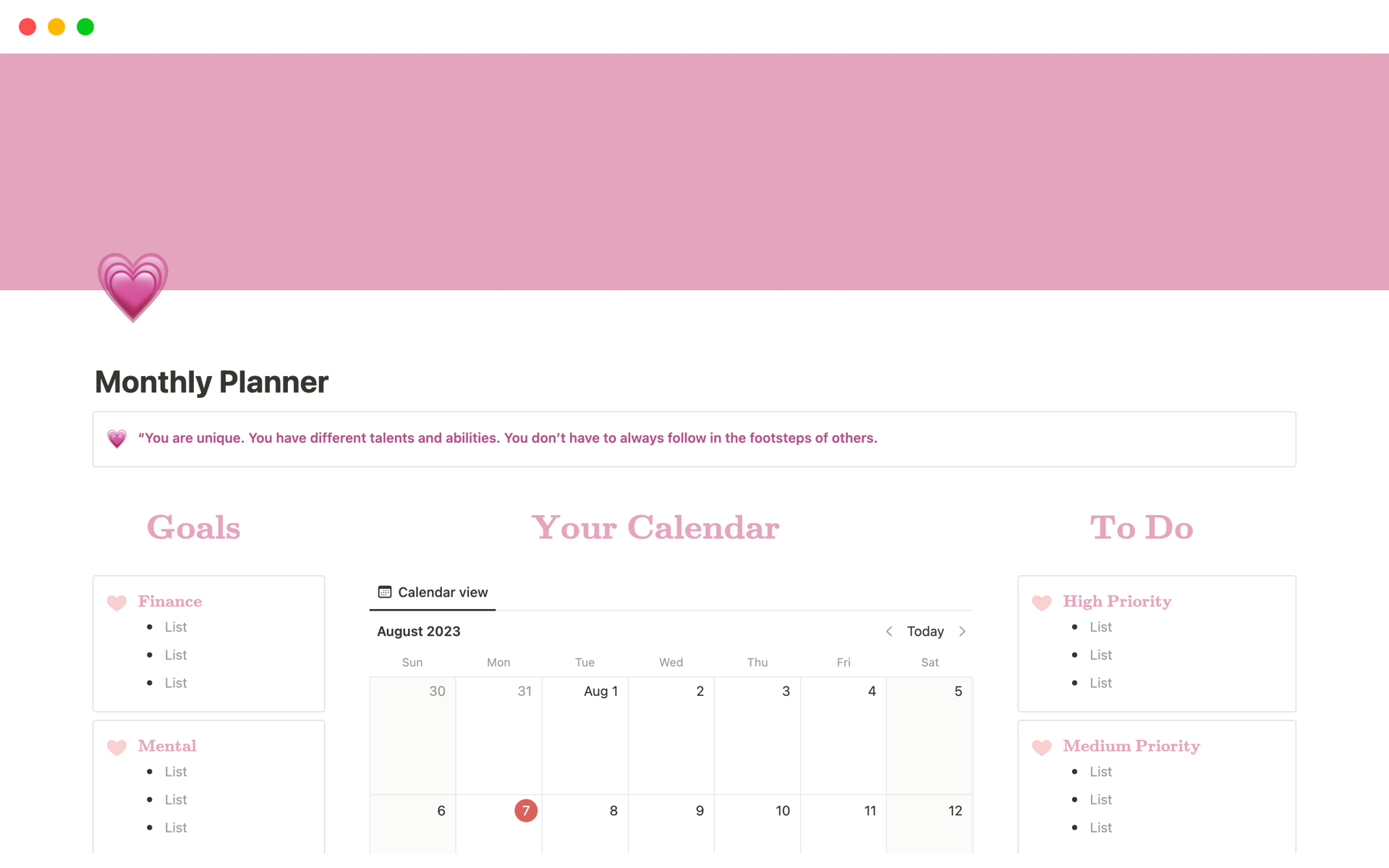 Monthly Planner | Notion Template