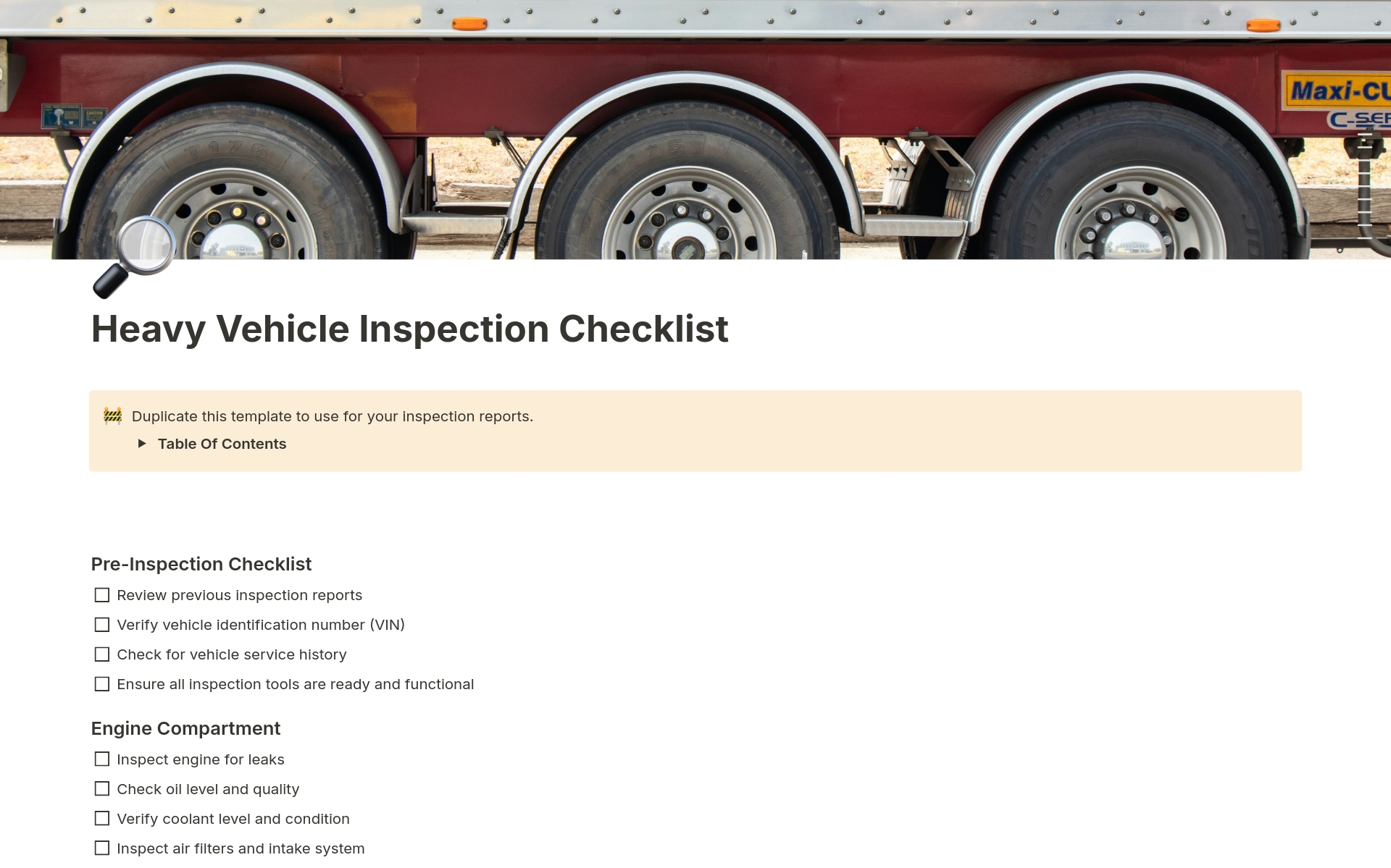 Heavy Vehicle Inspection Checklist Template by Template Road | Notion ...