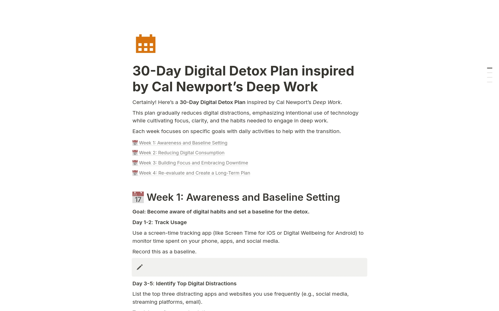 תבנית 30-Day Digital Detox Plan  Marketplace של Notion