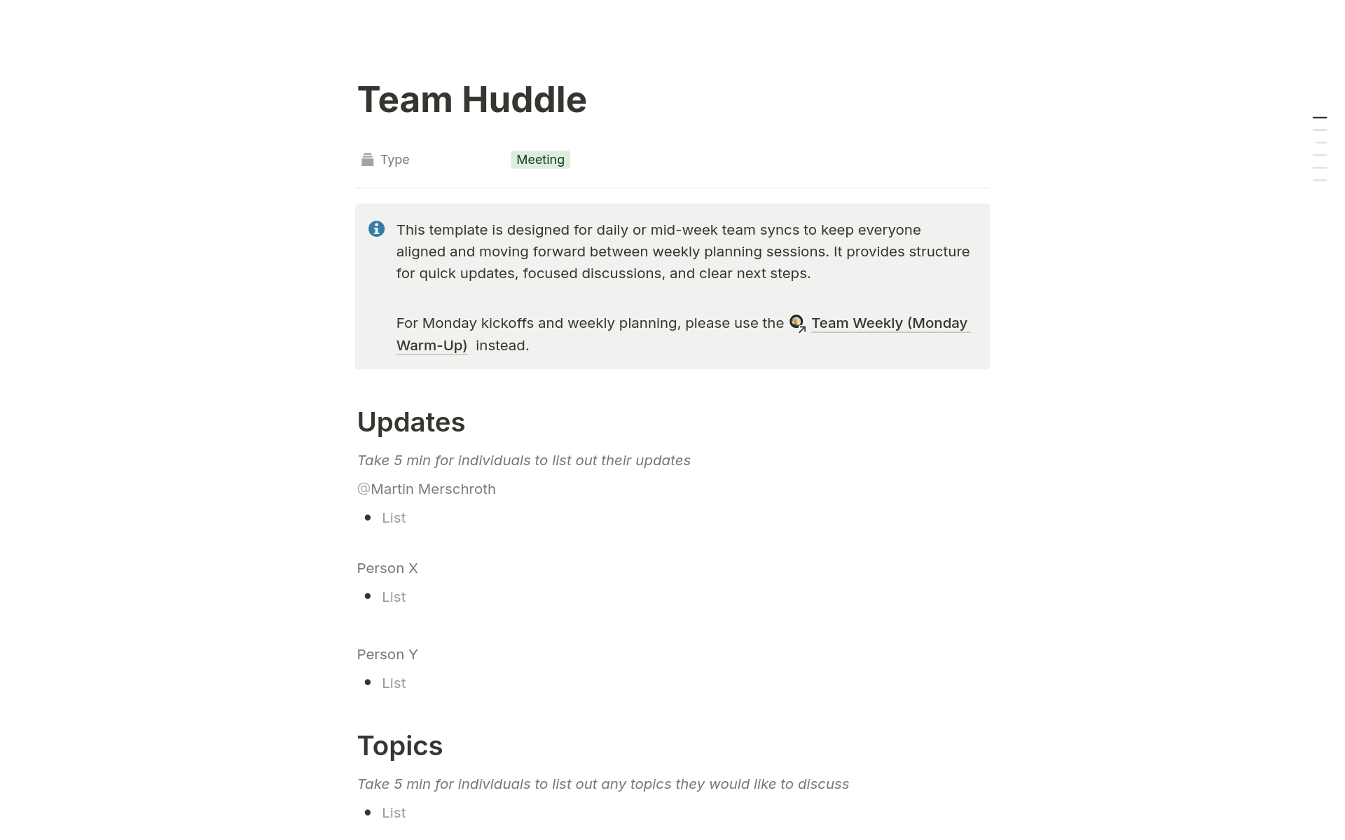 Huddle Notes Layout Team Huddle Template | Notion Marketplace