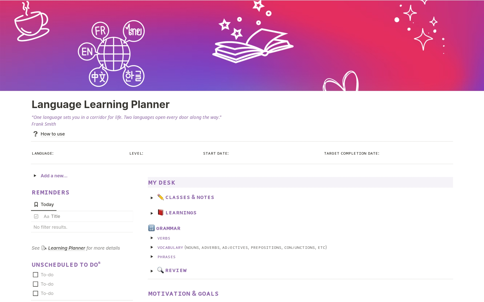 Language Learning Planner Template | Notion Marketplace