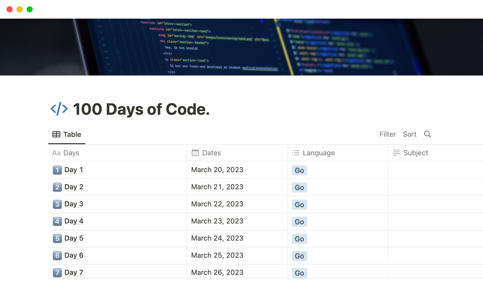 100 Days of Code Template by Dazhyar Zanyar Faiq | Notion Marketplace