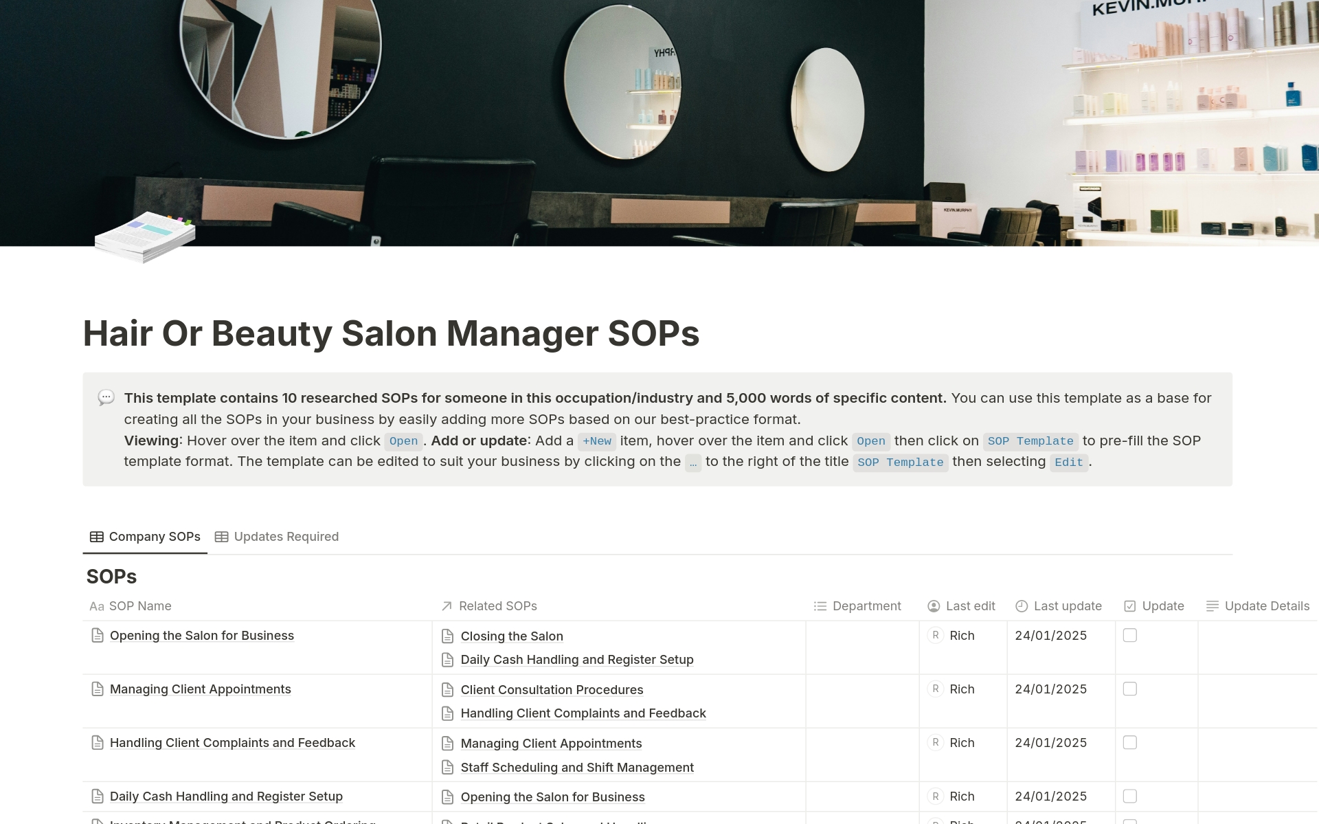 Hair Or Beauty Salon Manager SOPs Template by SOPs Notion