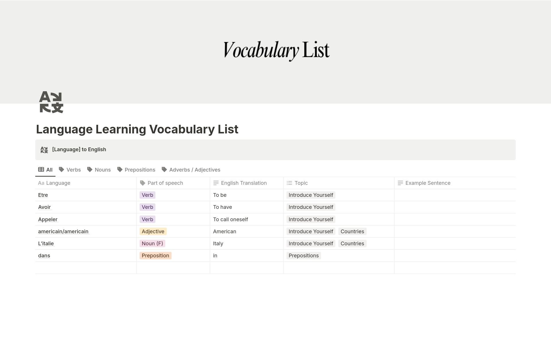 Language Learning Vocabulary List のプレビュー