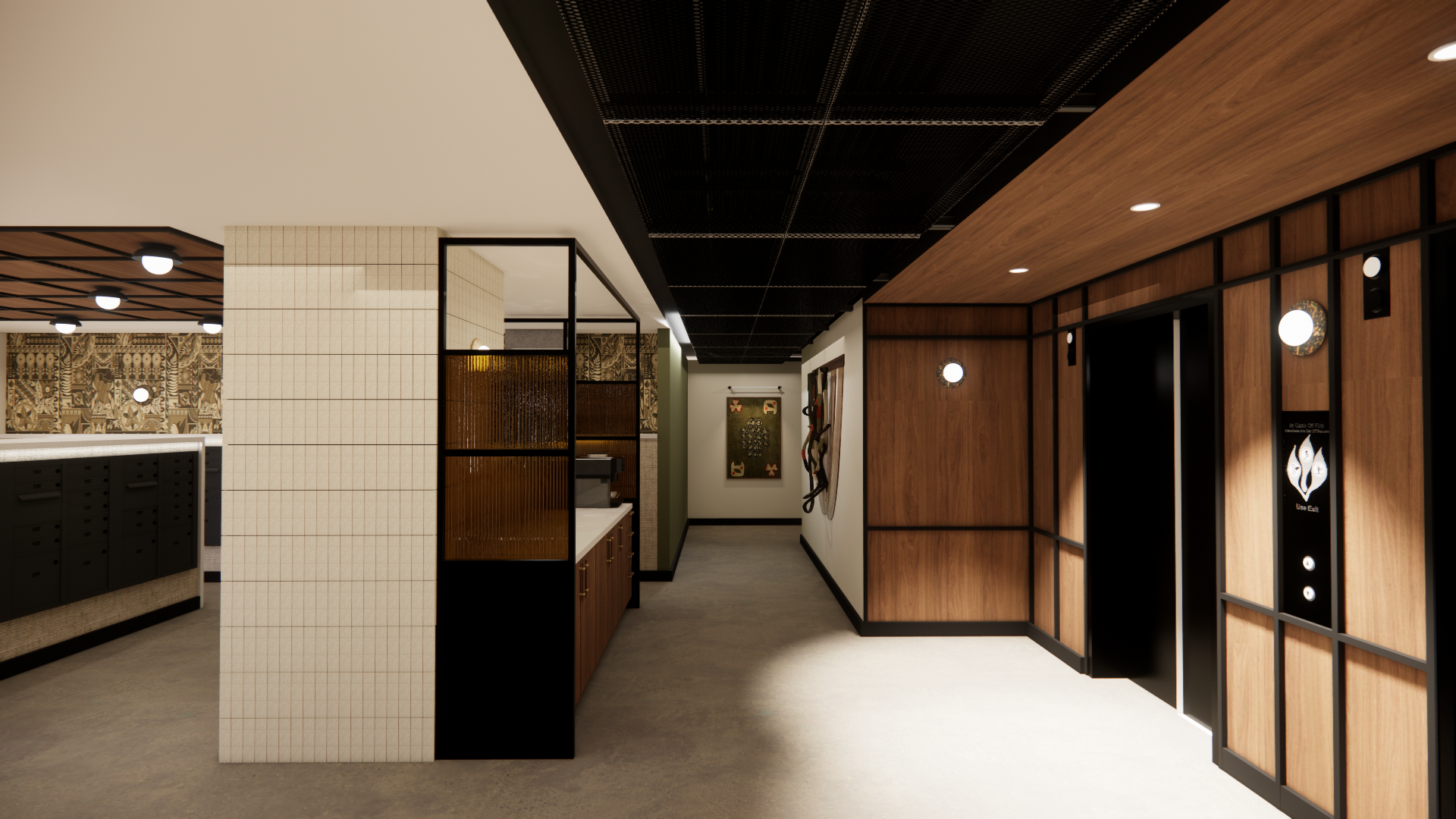 A modern hallway at Yugo Salt Lake City features wood-paneled elevator doors on the right, white tiled walls and black-framed glass partitions on the left, with artwork along the far wall. Ceiling lights brighten this stylish landing.