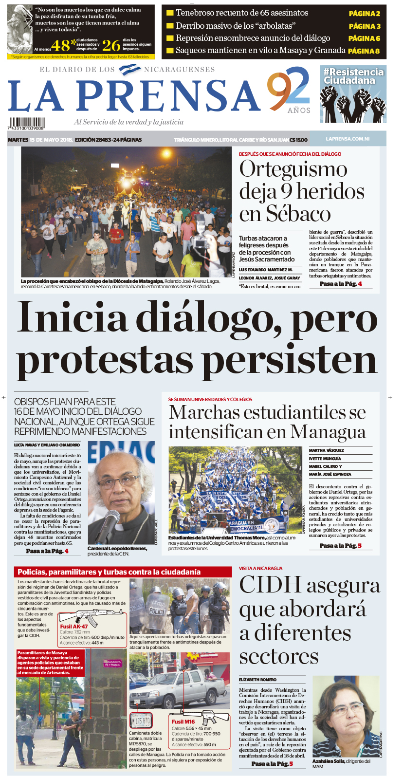 Portada impresa 15-05-2018