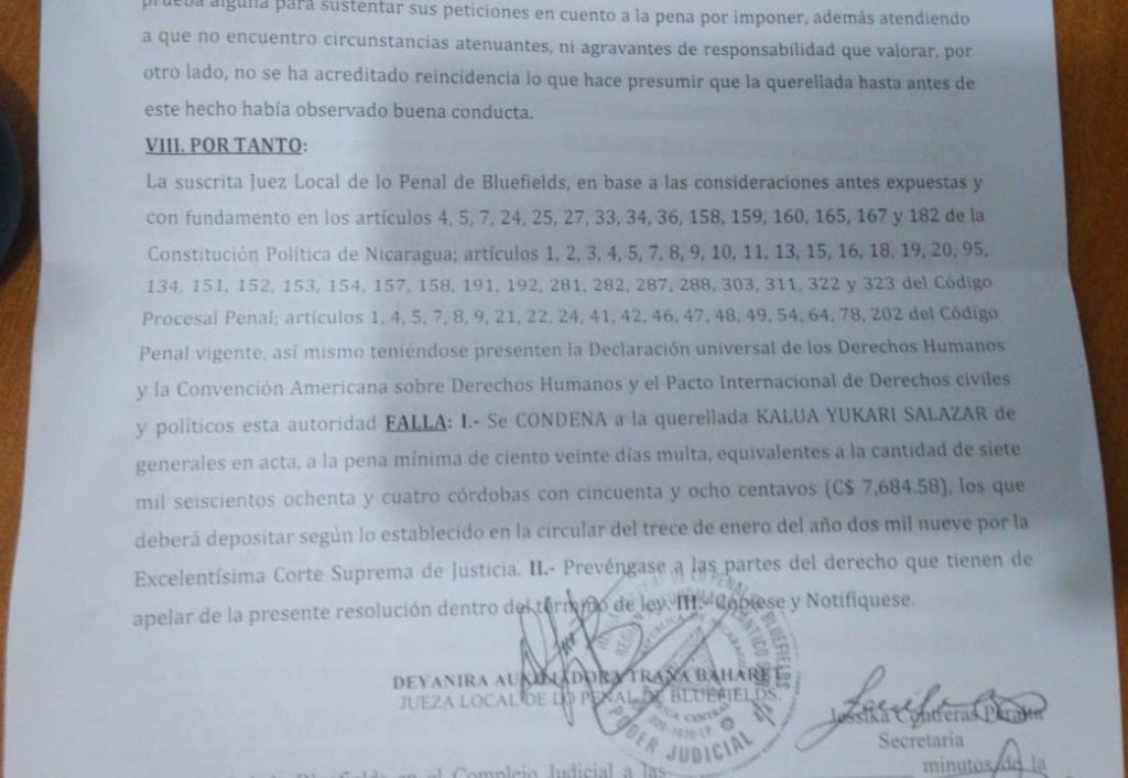Sentencia dictada por la judicial de Bluefields. LA PRENSA/Cortesía