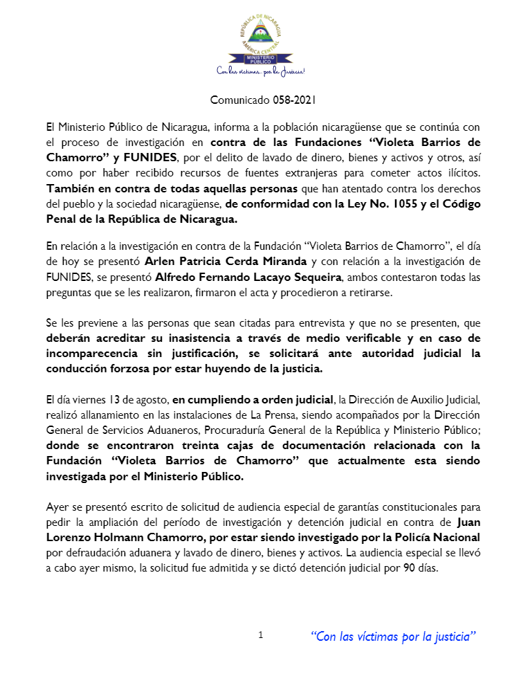 Primer comunicado del MP tras la detención de Juan Lorenzo Holmann, gerente general de LA PRENSA. 