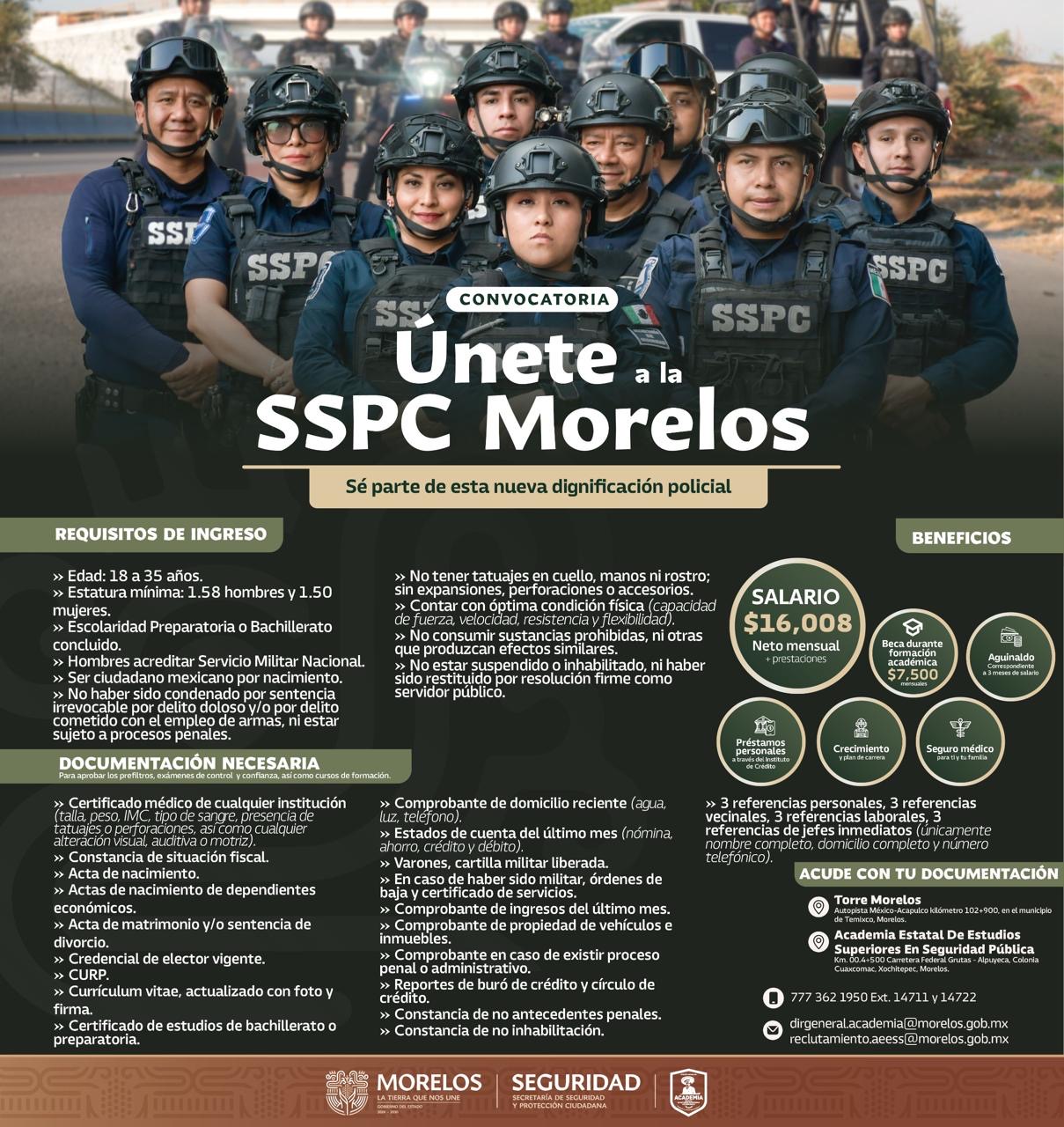 CONTINÚA ABIERTA CONVOCATORIA 2026 “ÚNETE A SSPC MORELOS”, PARA LA CONTRATACIÓN DE MÁS ELEMENTOS POLICIALES DE PROXIMIDAD