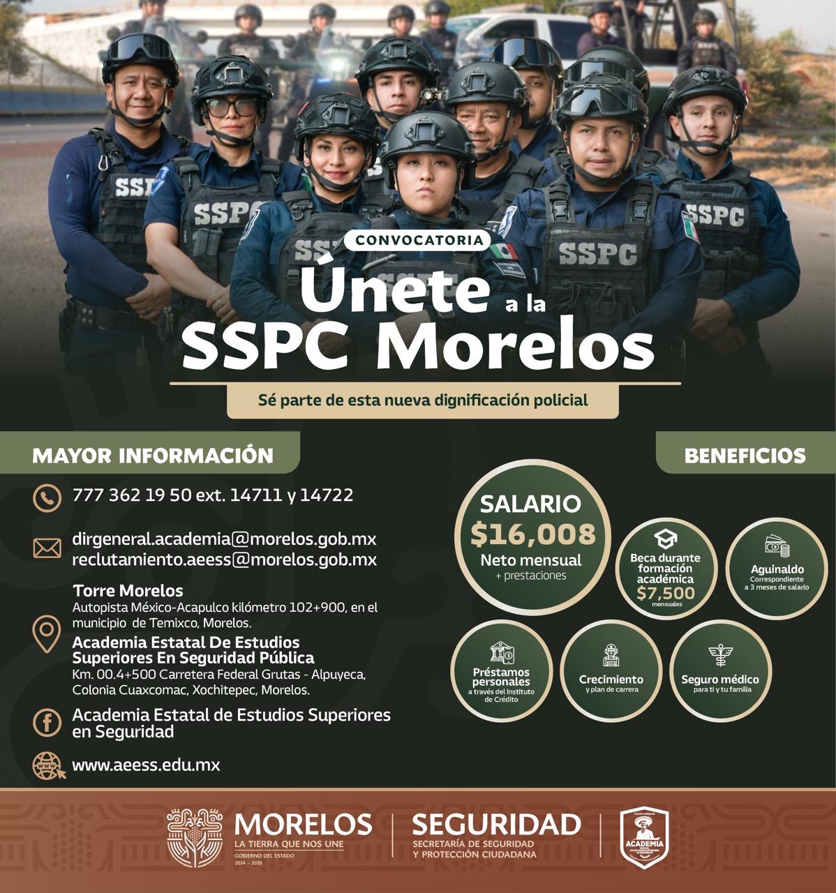 CONTINÚA ABIERTA CONVOCATORIA 2026 “ÚNETE A SSPC MORELOS”, PARA LA CONTRATACIÓN DE MÁS ELEMENTOS POLICIALES DE PROXIMIDAD