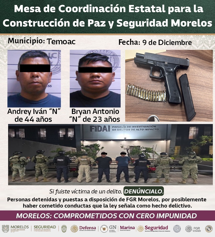 ASEGURAN INTEGRANTES DE LA MESA DE CONSTRUCCIÓN DE PAZ Y SEGURIDAD A 39 GENERADORES DE VIOLENCIA EN MORELOS