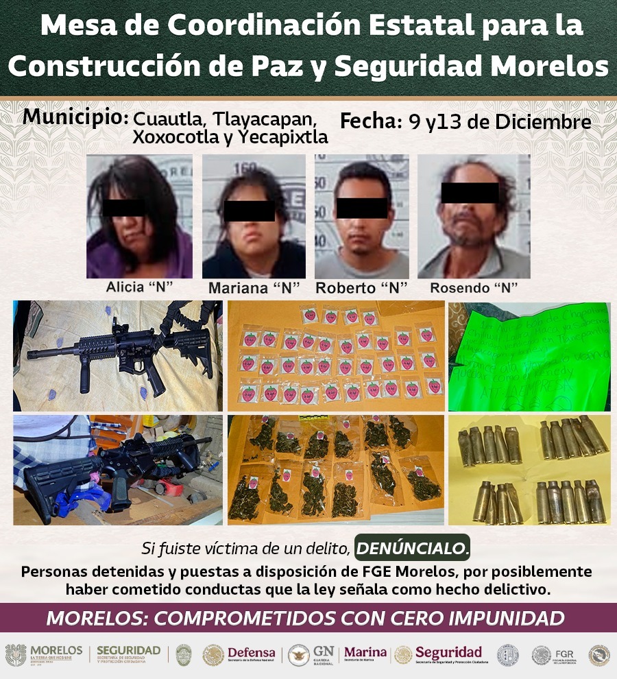 ASEGURAN INTEGRANTES DE LA MESA DE CONSTRUCCIÓN DE PAZ Y SEGURIDAD A 39 GENERADORES DE VIOLENCIA EN MORELOS