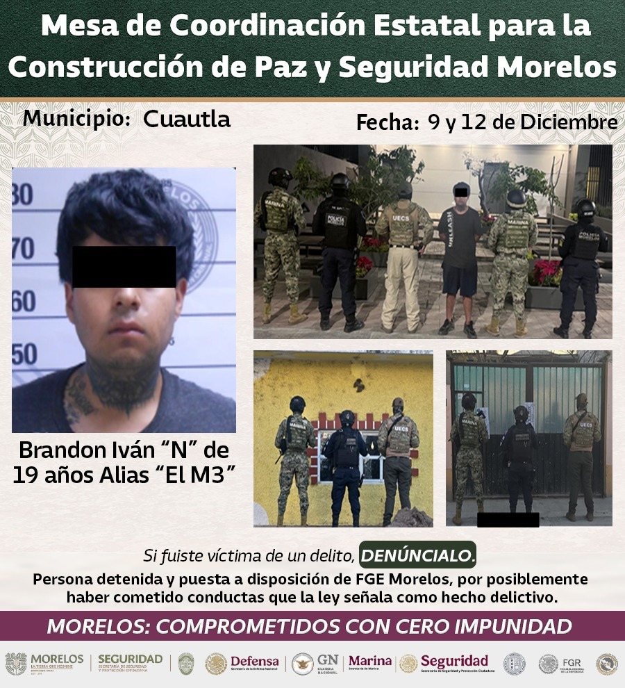 ASEGURAN INTEGRANTES DE LA MESA DE CONSTRUCCIÓN DE PAZ Y SEGURIDAD A 39 GENERADORES DE VIOLENCIA EN MORELOS