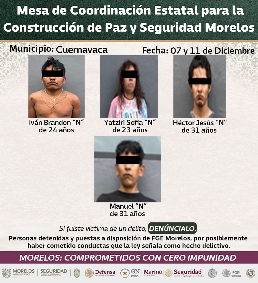 ASEGURAN INTEGRANTES DE LA MESA DE CONSTRUCCIÓN DE PAZ Y SEGURIDAD A 39 GENERADORES DE VIOLENCIA EN MORELOS