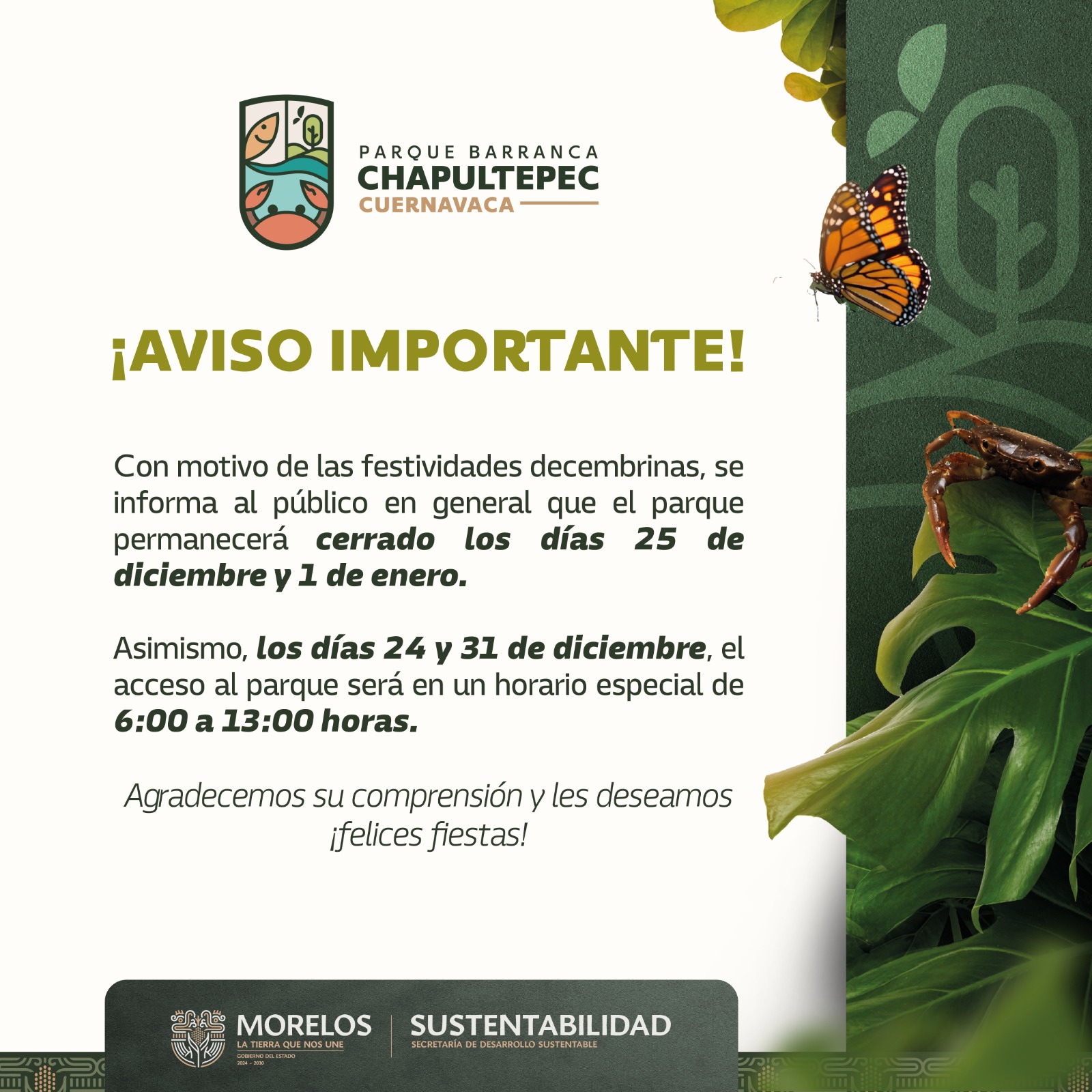 INFORMA PARQUE ESTATAL URBANO BARRANCA DE CHAPULTEPEC AJUSTES EN OPERACIÓN POR FESTIVIDADES DECEMBRINAS