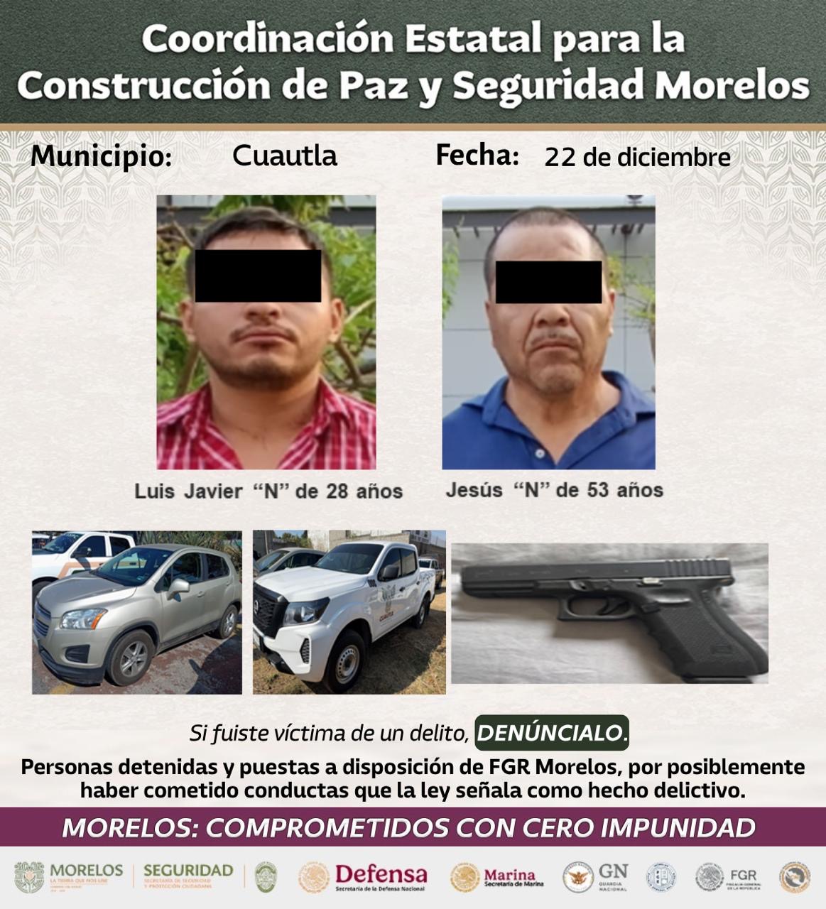 CONTINÚAN DETENCIONES RELEVANTES EN LA REGIÓN ORIENTE DE MORELOS, COMO PARTE DE LA ESTRATEGIA NACIONAL CONTRA LA EXTORSIÓN