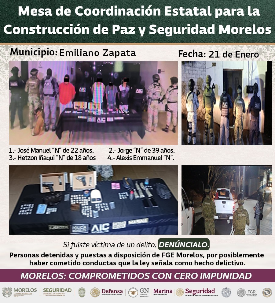 DETIENEN INTEGRANTES DE LA MESA DE COORDINACIÓN ESTATAL PARA LA CONSTRUCCIÓN DE PAZ Y SEGURIDAD A 23 GENERADORES DE VIOLENCIA